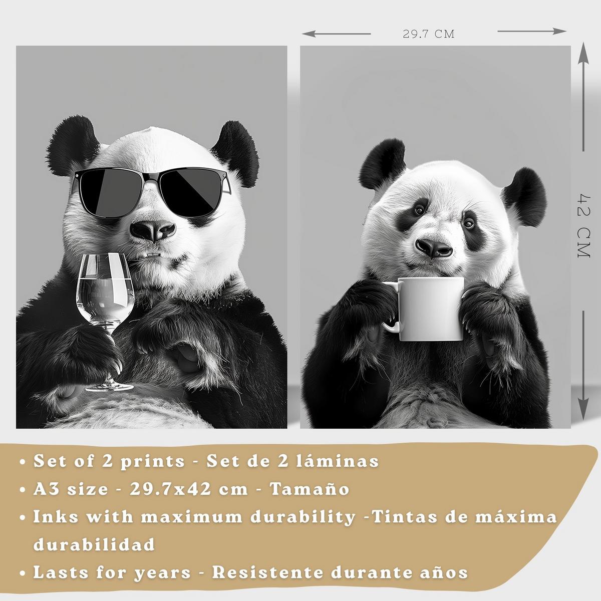POSTER 2er Set Lustige Panda-Wandbilder Schwarz Weiß Tier Weinglas und Kaffeetasse Küche Wanddeko Rahmenlos A3 - Beige, Papier (29.7/1/42cm) - Nacnic