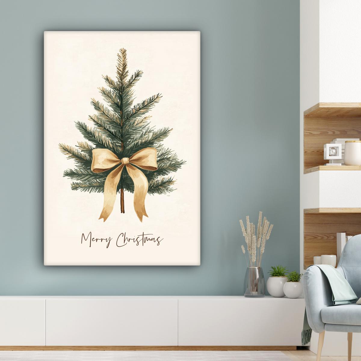 LEINWANDBILD Weihnachtsbaum - Weihnachten - Frohe Weihnachten - Beige Deko XXL 80x120 cm - Sandfarben, Textil (80/120cm) - MuchoWow