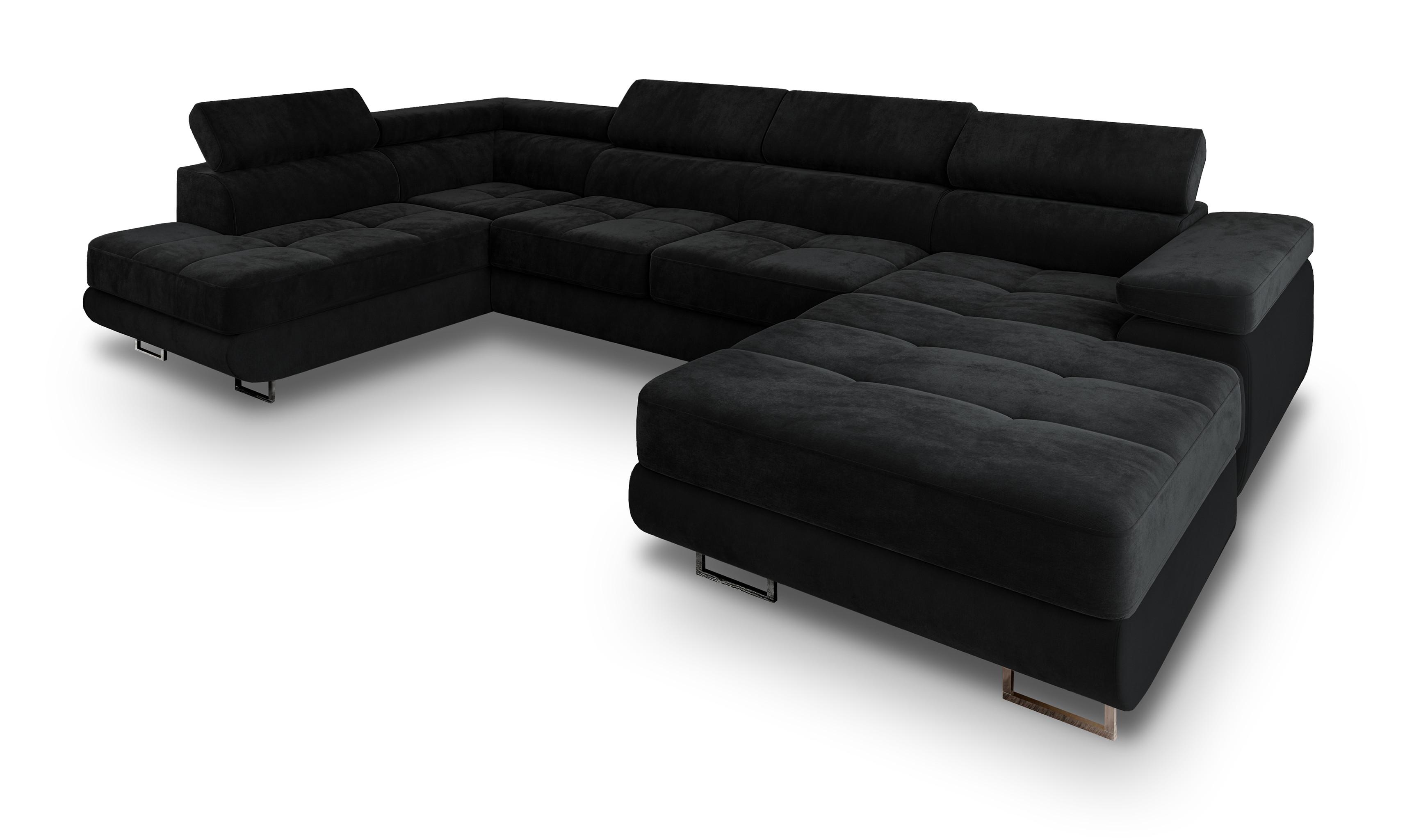 WOHNLANDSCHAFT CASONE L-S Schwarz Velours-Stoff mit Schlaffunktion - Silberfarben/Schwarz, Holz/Textil (345/90/202cm) - MASSENO