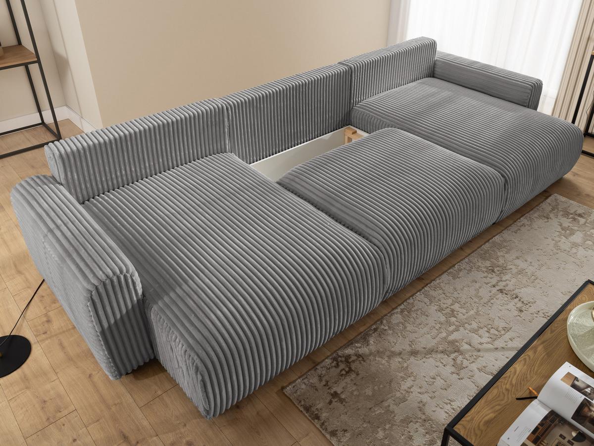 WOHNLANDSCHAFT Calma mit Schlaffunktion und Bettkasten im Bumpy-Design aus weichem Grau Plüschcord - Beige/Schwarz, Holz/Textil (336/88/140cm) - S-Style