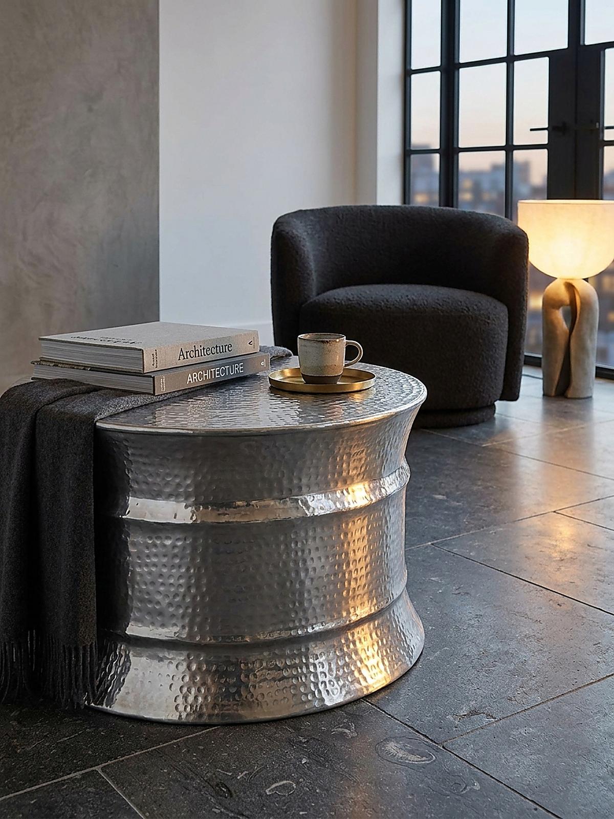 COUCHTISCH orientalisch rund Aluminium Hammerschlag-Look handgefertigt, Silber 62 x 62 x 41 cm - Silberfarben, Metall (62/62/41cm) - KADIMA DESIGN