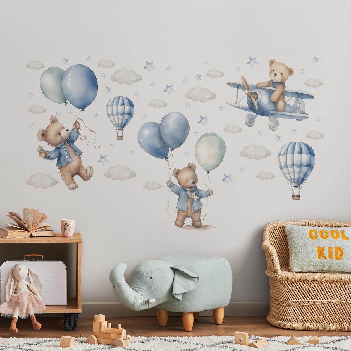 WANDSTICKER Bären Ballons 60x30 - Blau/Beige, Papier (60/30/30cm) - Muralo