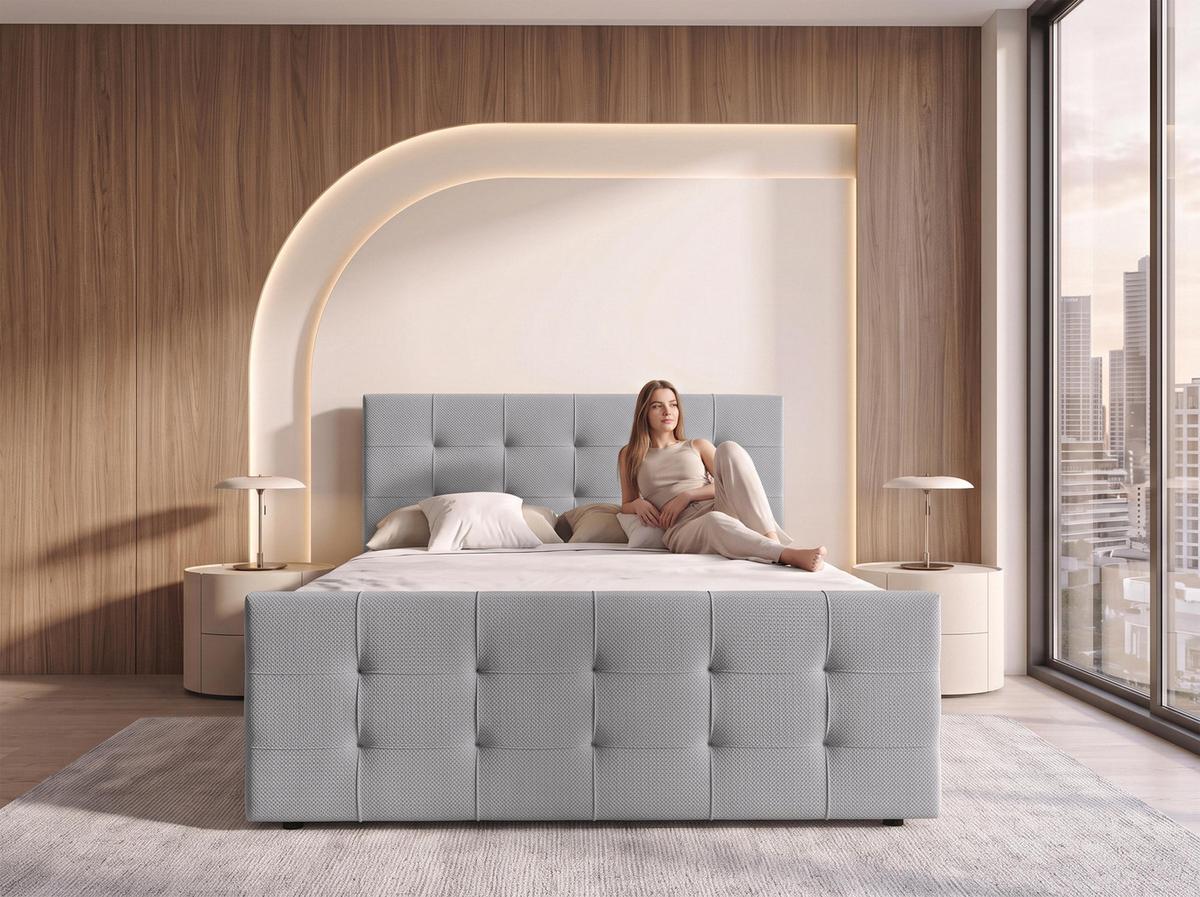 BOXBETT DEFNE 140x200 cm mit Fußteil und Matratze - Hellgrau + TOPPER - Hellgrau/Schwarz, Holz/Holzwerkstoff (140/200cm) - AX Living