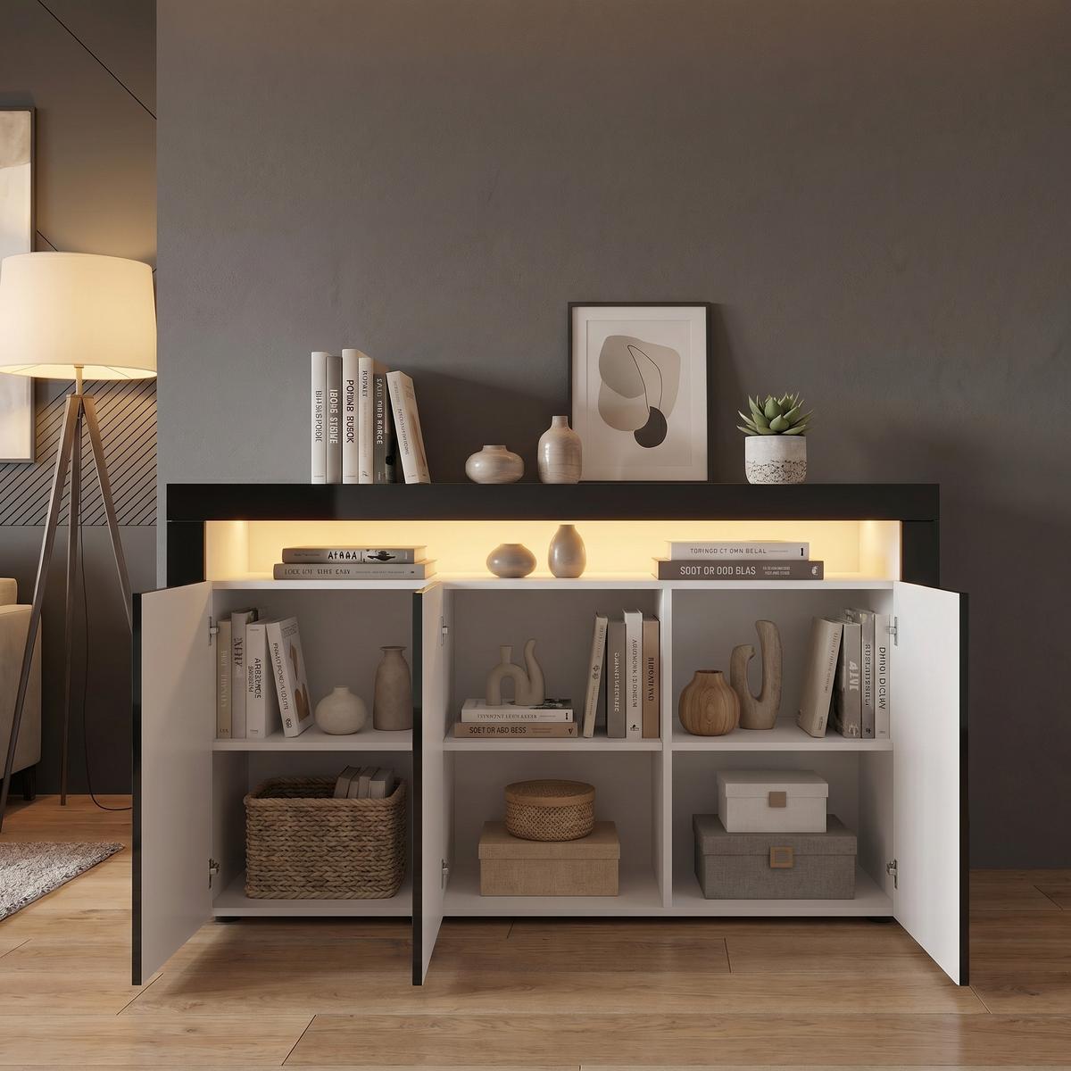 SIDEBOARD Valencia Schwarz Hochglanz / Schwarz Hochglanz - Schwarz Hochglanz, Holzwerkstoff (155/92/40cm) - Vladon