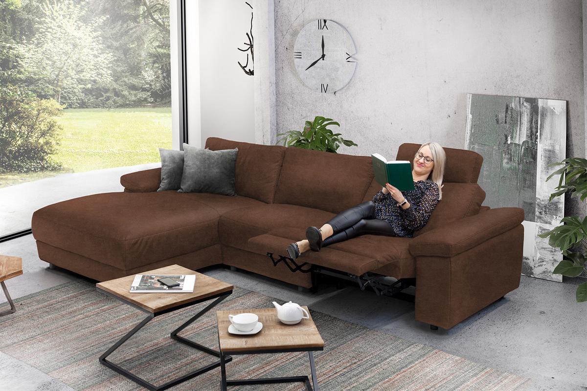 ECKSOFA XL MOTORISCHER RELAXFUNKTION LOLA Braun Leder Relaxfunktion - Schwarz/Braun, Leder (304/178cm) - KAWOLA