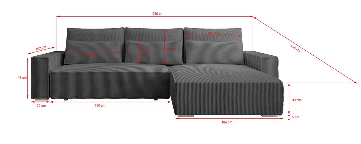 ECKSOFA Alice mit Bettkasten und Schlaffunktion, Cordstoff in L-Form - Dunkelgrau, Textil (289/184cm)