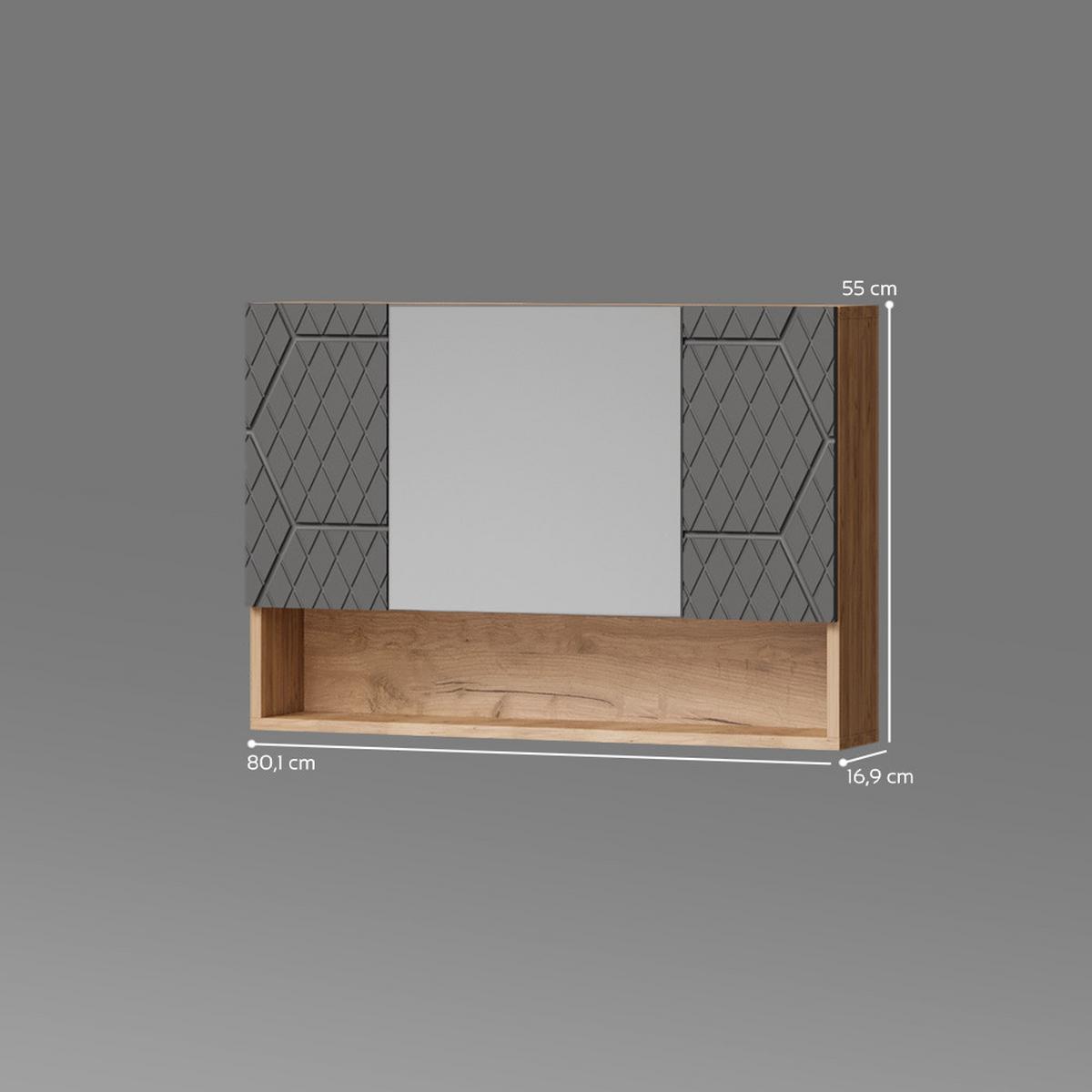 BADSPIEGELSCHRANK Ronco Anthrazit mit Wabenstruktur 80 x 55 cm - Anthrazit/Eiche Wotan, Holzwerkstoff (80/55/17cm) - Livinity®