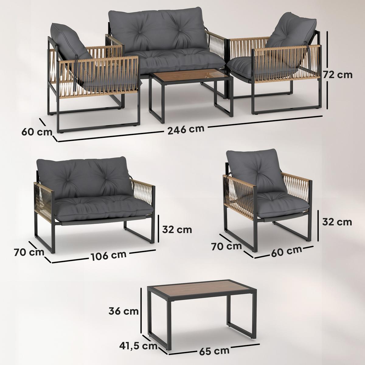 SITZGRUPPE mit Kissen, 4 tlg. Rattan Gartenmöbel-Set, Sitzgarnitur für Garten, Braun - Dunkelgrau, Kunststoff - Outsunny