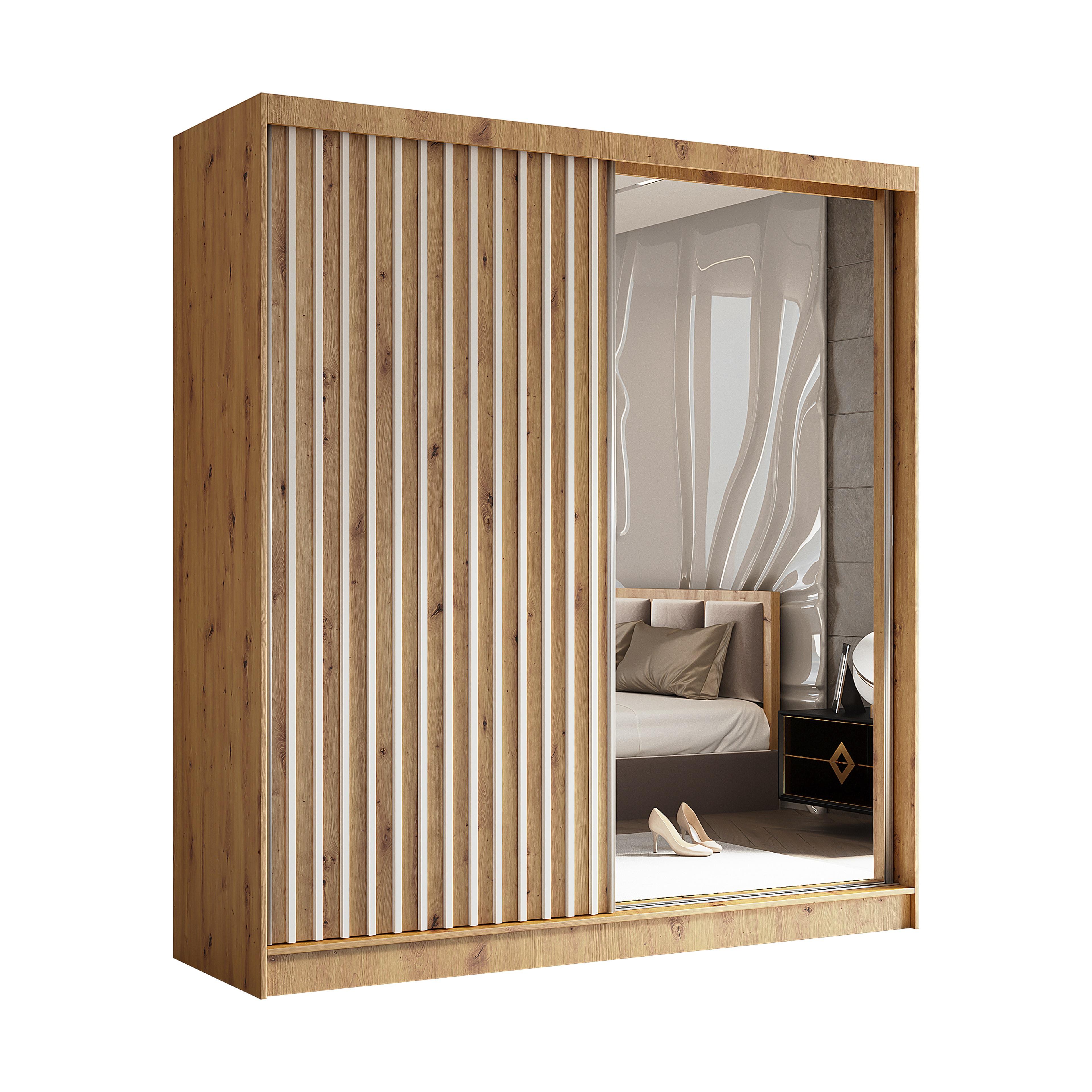 SCHWEBETÜRENSCHRANK LAMELLO 200/216/61 cm 2-türig mit Spiegel Eiche Artisan - Eiche Artisan, Holzwerkstoff (200/216/61cm) - MASSENO