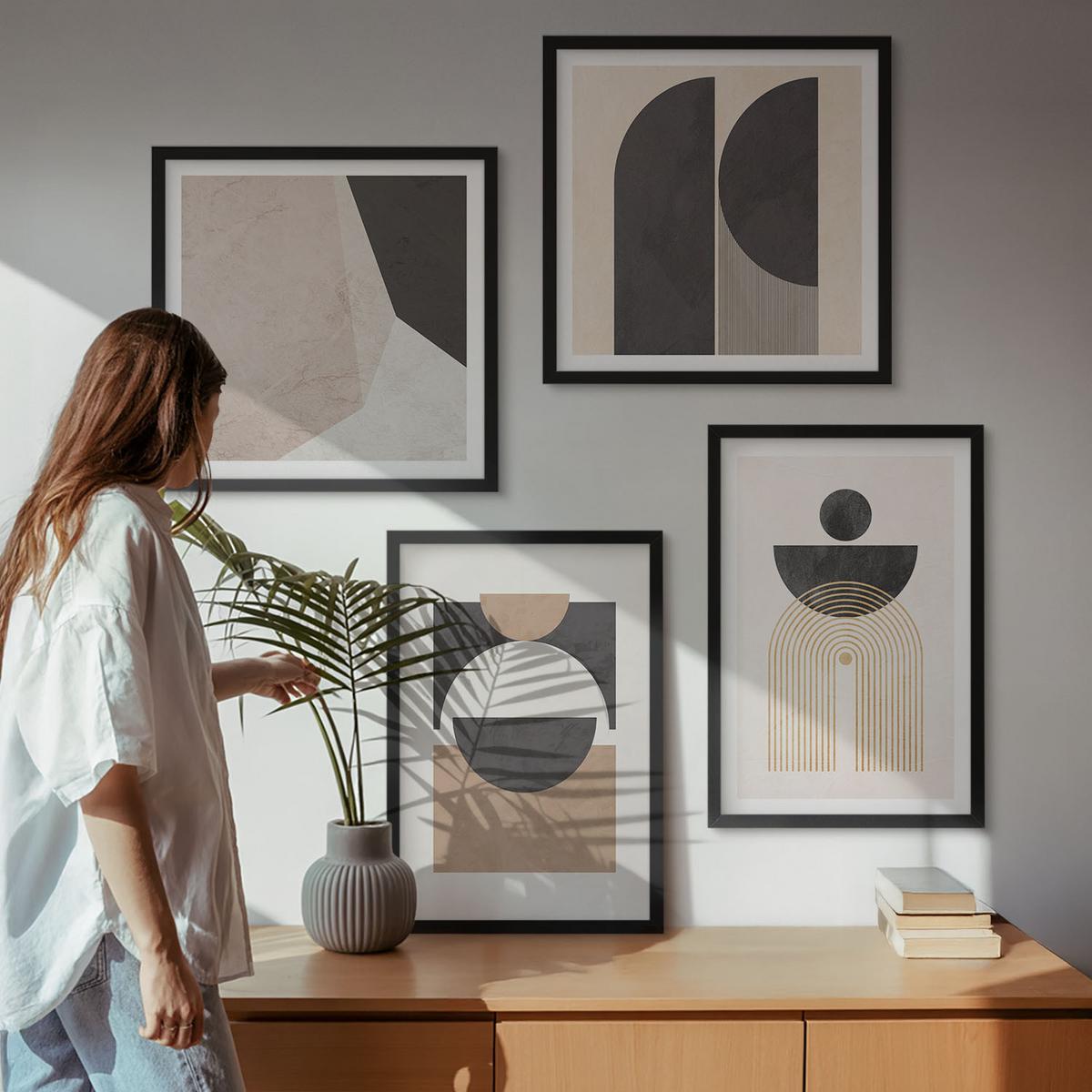 BILDER SET 4er Set - 50x50 cm & 40x60 cm Schwarzer Rahmen - Abstrakte Formen beige braun - Schwarz, Kunststoff (50/50cm) - TULUP