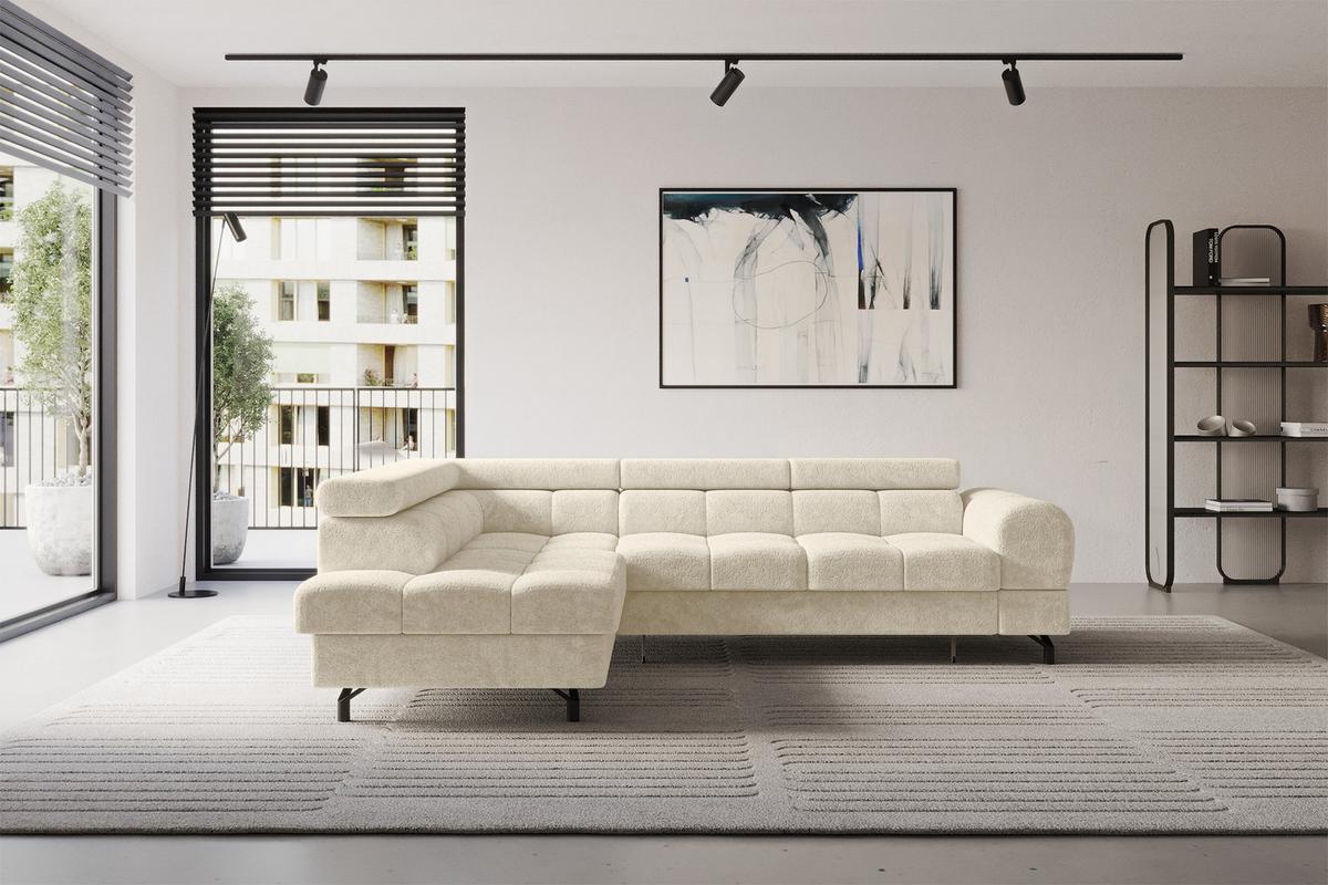 ECKSOFA mit Schlaffunktion Ottomane Links LUMA-L 272x203x70 Creme Velours - Creme/Schwarz, Holzwerkstoff/Kunststoff (272/203cm) - ALTDECOR
