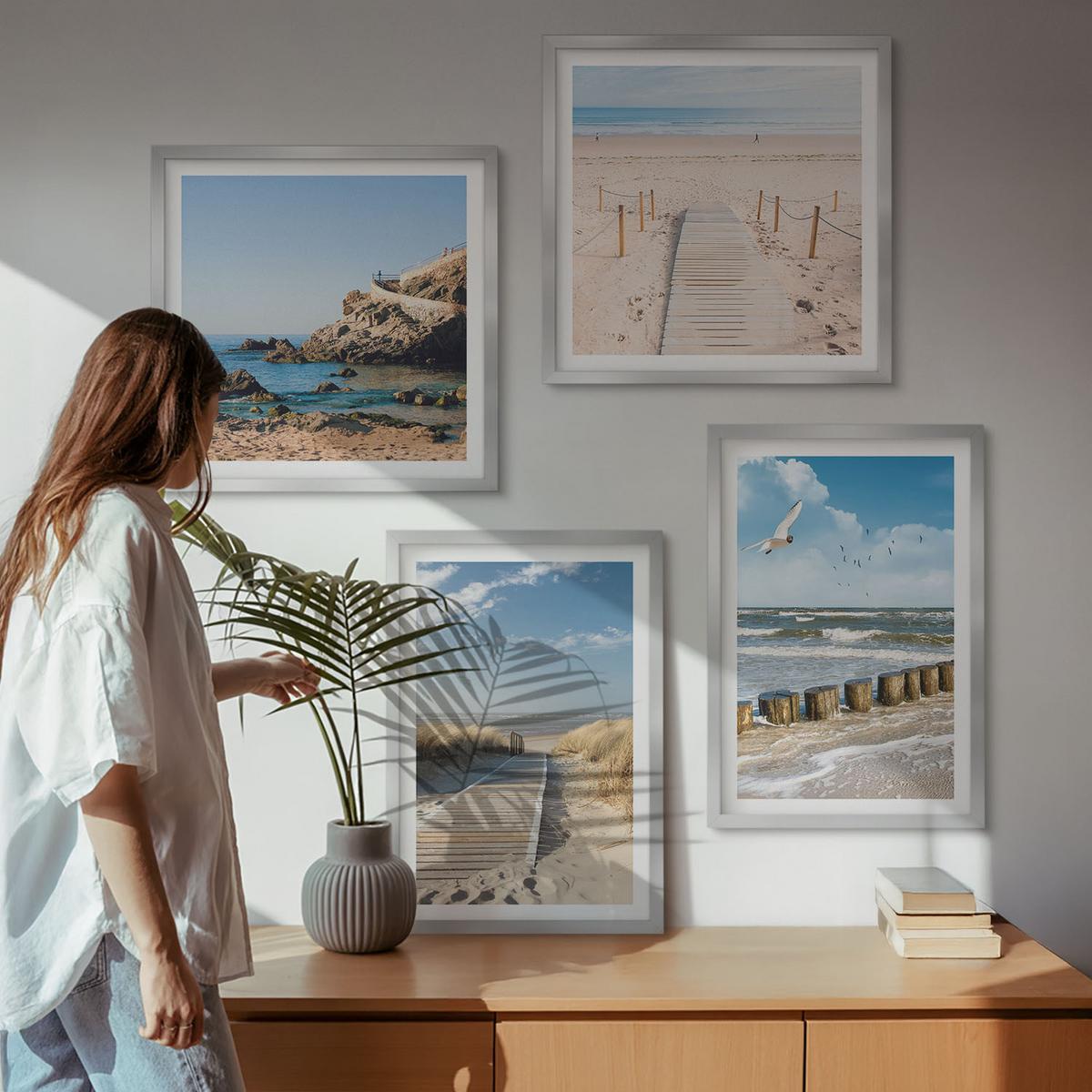 BILDER SET 4er Set - 50x50 cm & 40x60 cm Silberner Rahmen - Strand, Sand, Wellen, Himmel, Vögel - Silberfarben, Kunststoff (50/50cm) - TULUP