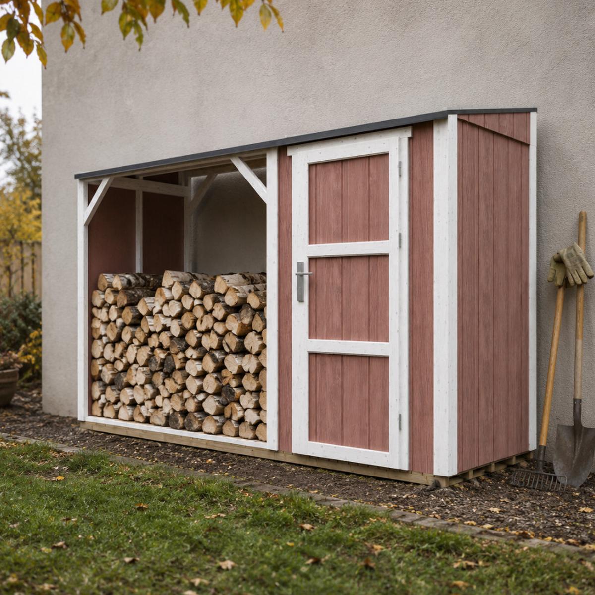 BRENNHOLZLAGER mit geschlossenem Stauraum 4,14 m² M985-REDWOOD RED - Rotbraun, Holz (120/220/345cm) - Timbela