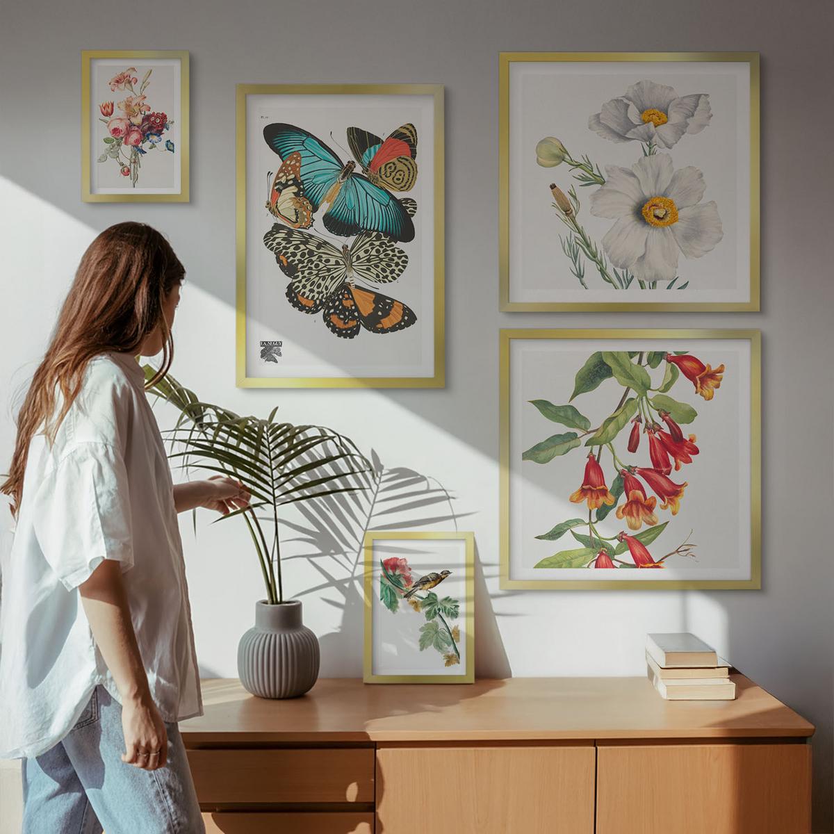 BILDER SET 5er Set - 50x50 cm & 20x30 cm & 40x60 cm Goldrahmen - Blumen, Schmetterlinge, Vögel, Pastellfarben - Goldfarben, Kunststoff (40/60cm) - TULUP