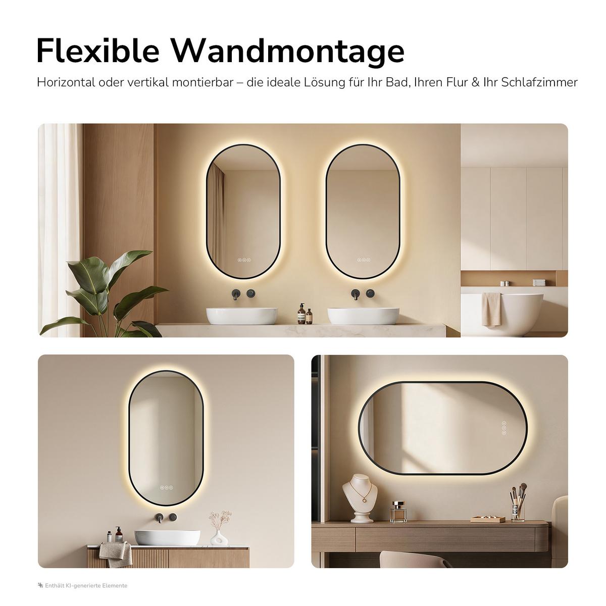 BADSPIEGEL oval mit LED-Beleuchtung 50 x 90 cm Antibeschlag Schwarz - Schwarz, Glas (90/50/3cm) - EMKE