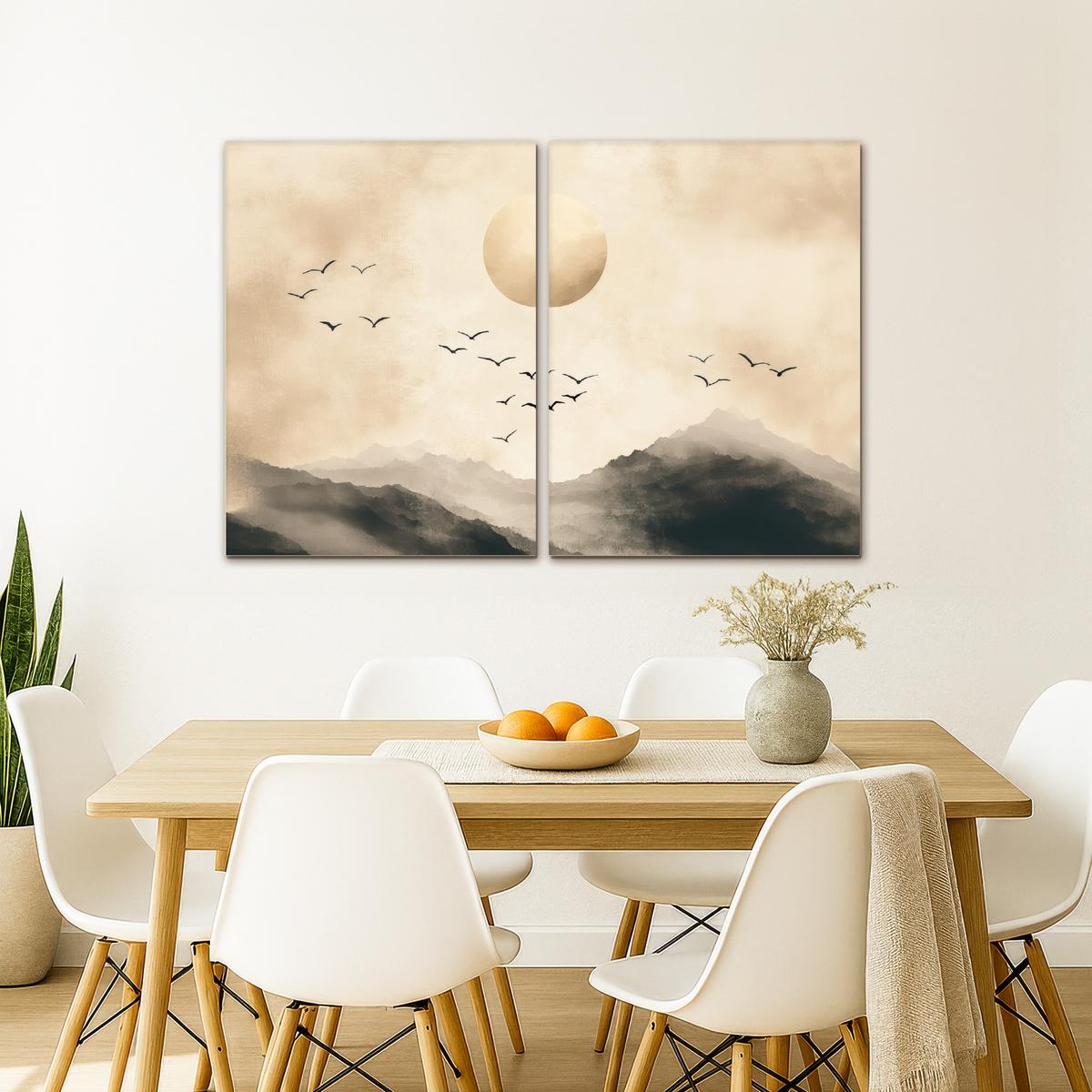 LEINWANDBILD 2er Set Landschaft - Japandi - Beige - Vögel 100x70 cm - Beige, Textil (100/70cm) - MuchoWow