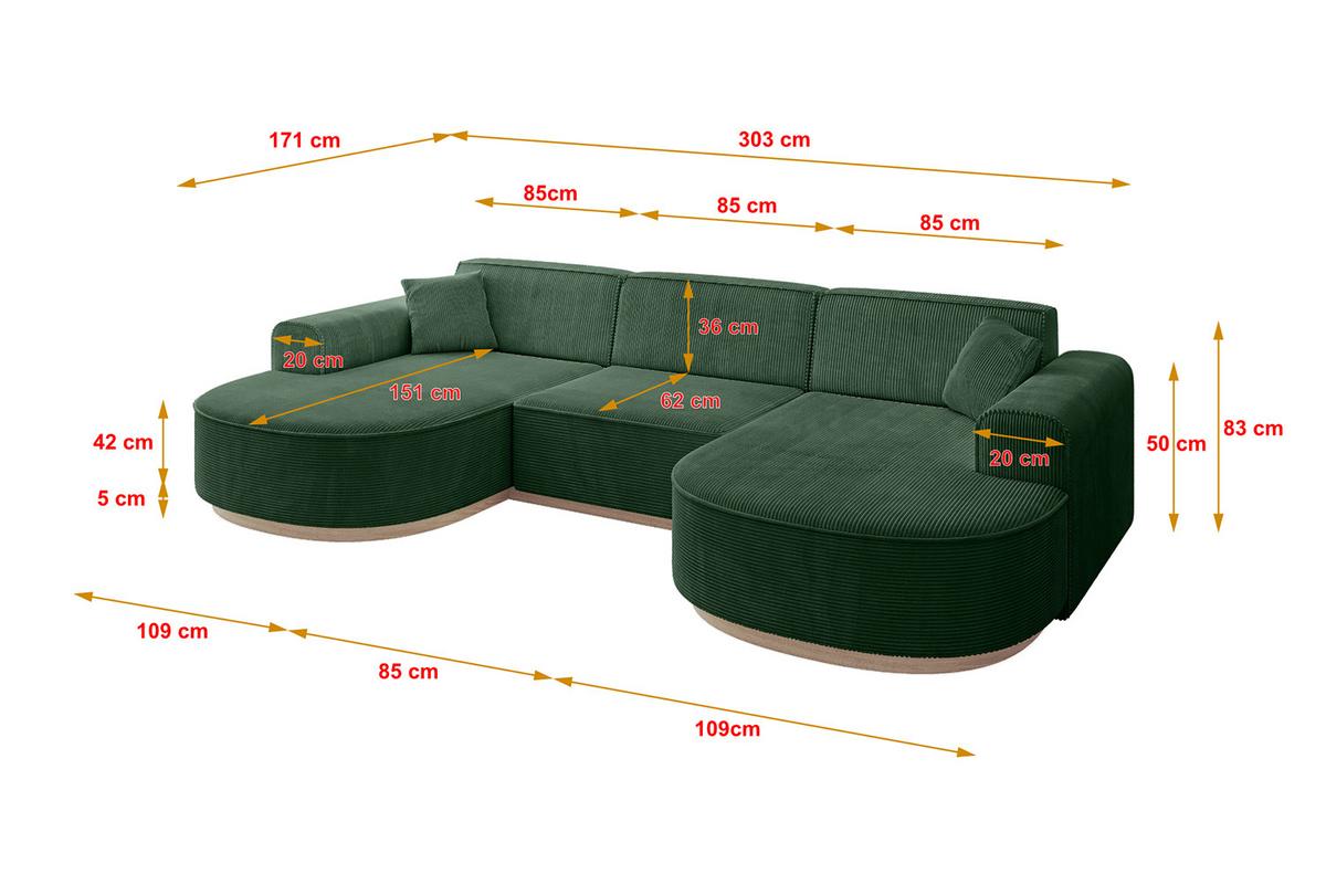 WOHNLANDSCHAFT MARI-U1-v1 - 303x171x83 cm Grün Cord - Grün, Holzwerkstoff/Textil (303/83/171cm) - ALTDECOR