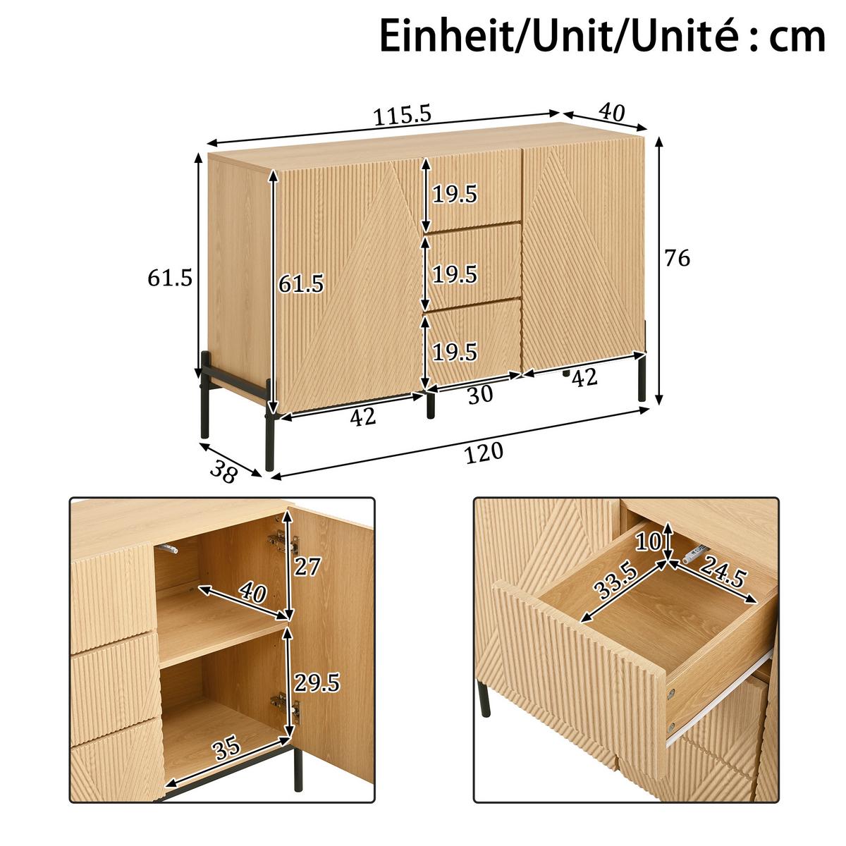 SIDEBOARD natur geometrisch 115cm 2 türen schubladen - Naturfarben, Holzwerkstoff (115.5/76/40cm) - Urban Meuble