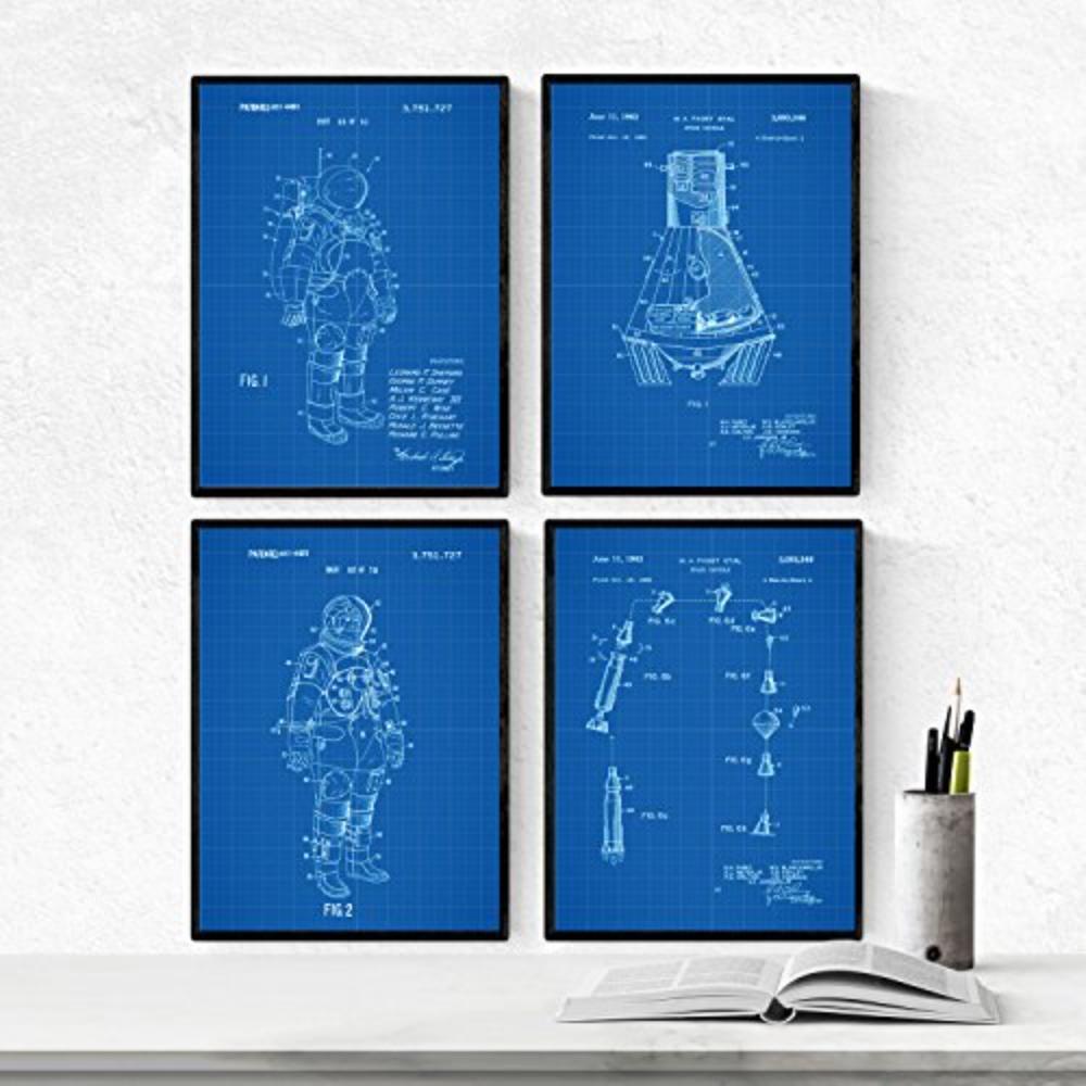 POSTER Set mit 4 Blau eisenbahn patenten A4 Schwarzer Rahmen - Schwarz, Papier (29.7/3cm) - Nacnic