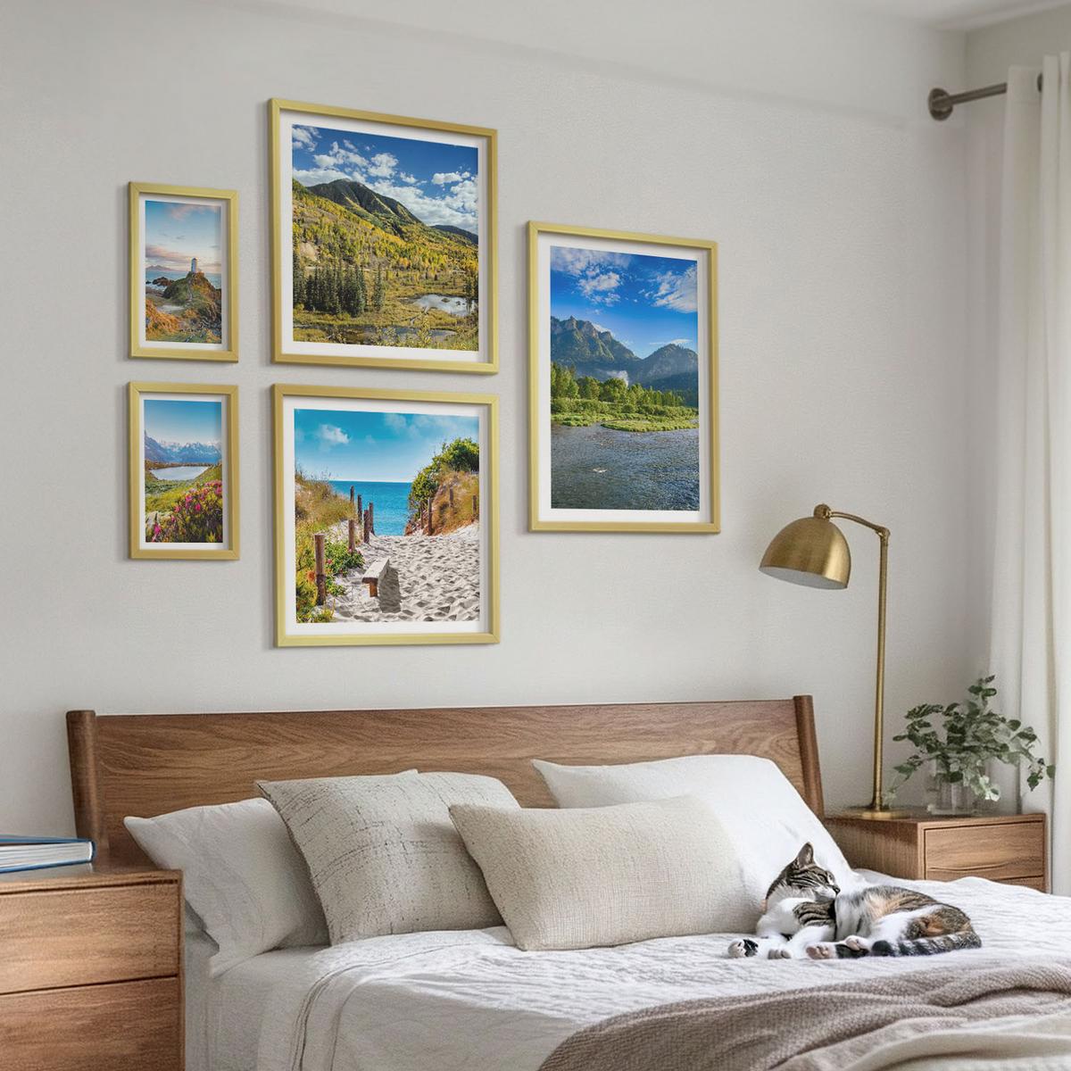 BILDER SET 5er Set - 50x50 cm & 20x30 cm & 40x60 cm Goldrahmen - See, Brücken, Berge - Goldfarben, Kunststoff (40/60cm) - TULUP