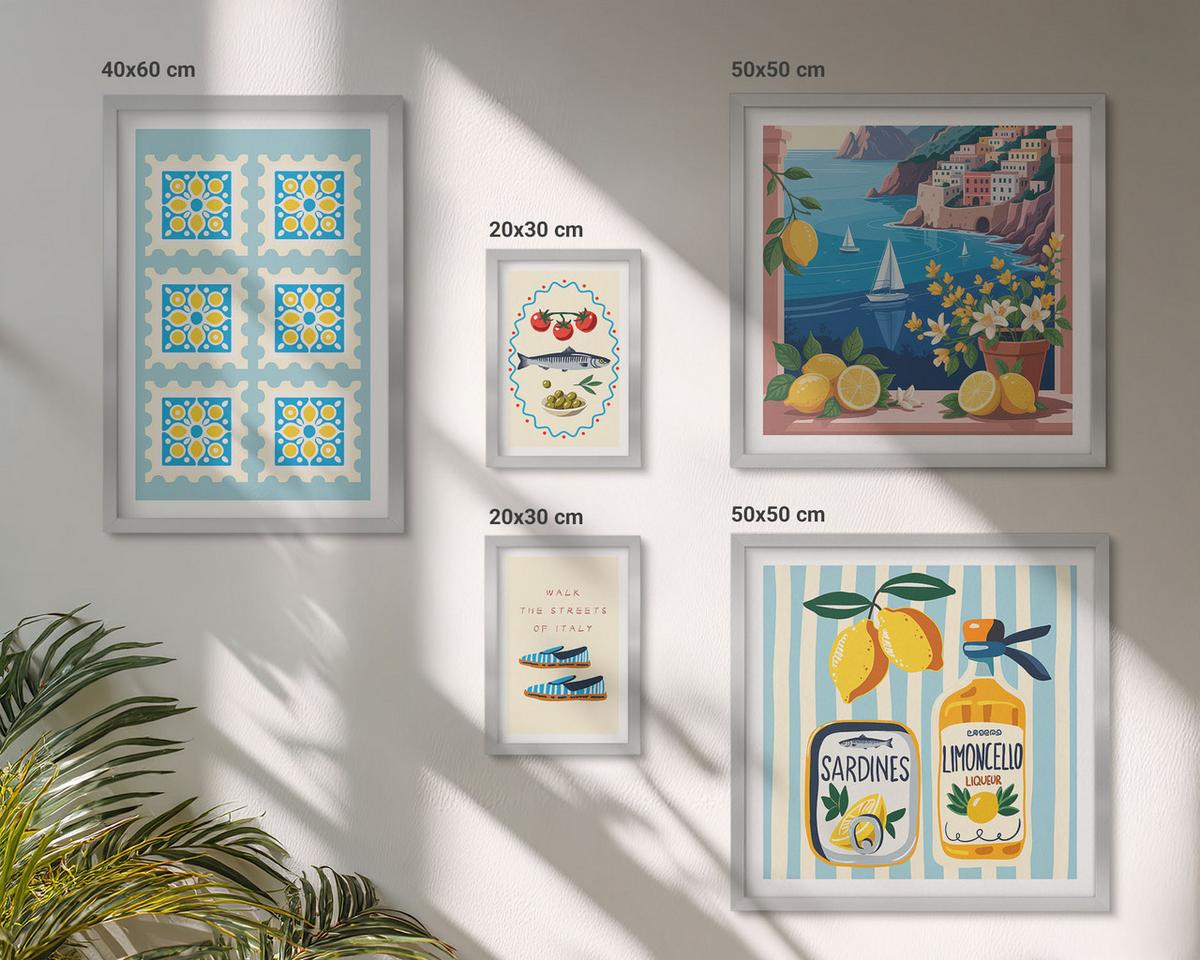 BILDER SET 5er Set - 50x50 cm & 20x30 cm & 40x60 cm Silberner Rahmen - Illustrationen der mediterranen Küche - Silberfarben, Kunststoff (40/60cm) - TULUP