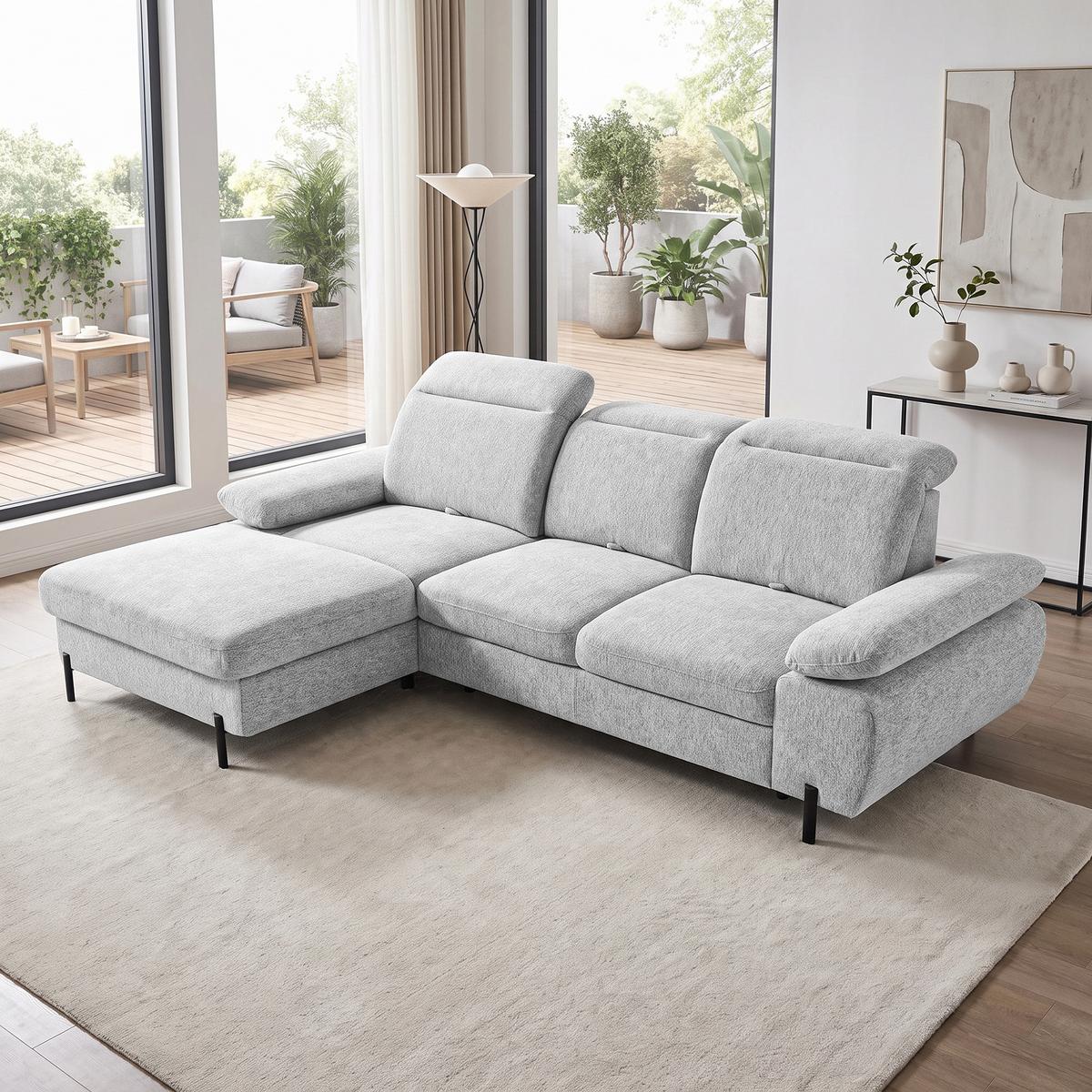 ECKSCHLAFSOFA Sora Mini mit verstellbaren Kopfstützen und Schlaffunktion, Chenille-Stoff, Hellgrau, Links - Hellgrau/Schwarz, Textil (285/190cm) - Beautysofa