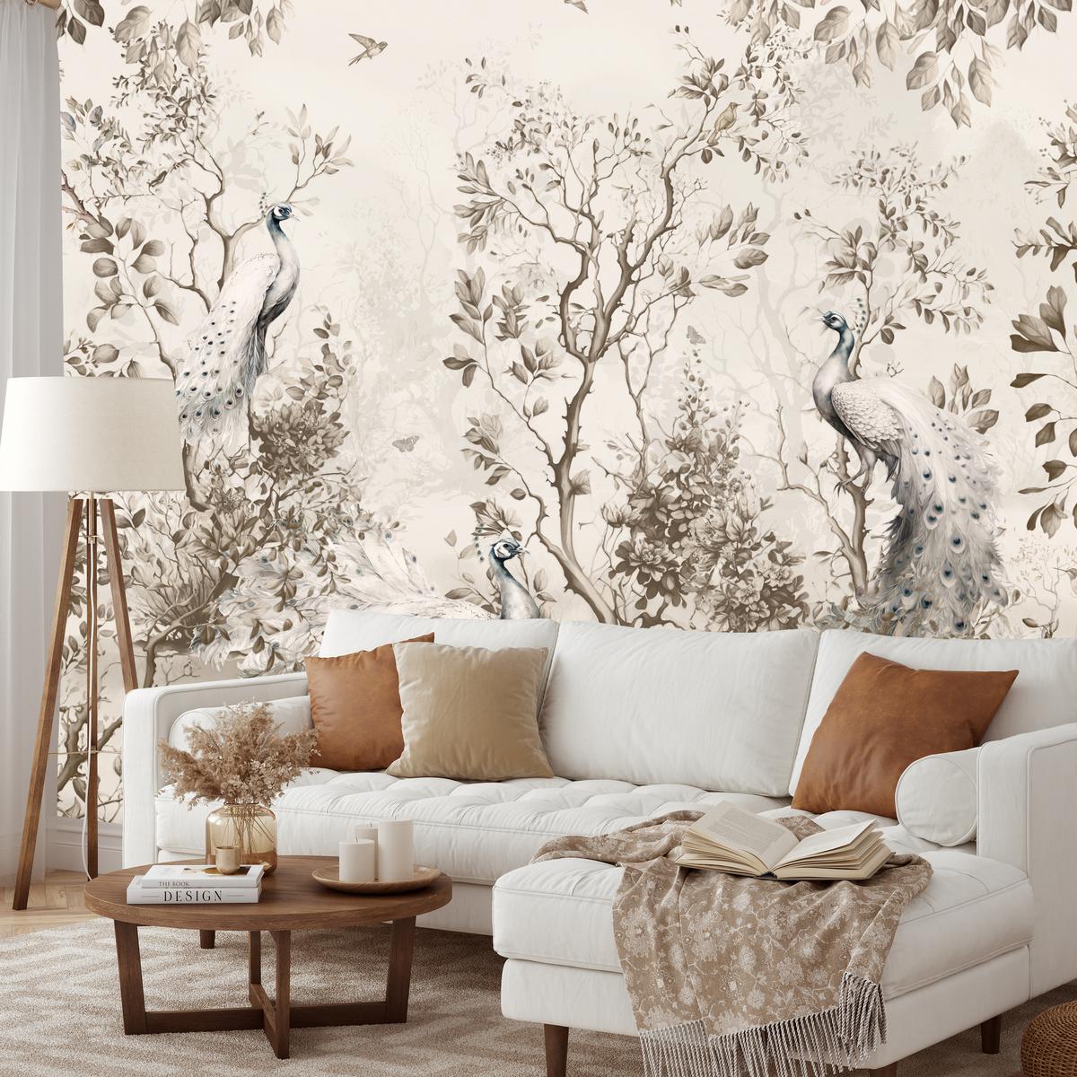 FOTOTAPETE für Wohnzimmer Pfauen Zwischen Bäumen Büsche Blätter 450x315 - Beige, Papier (450/315cm) - Muralo
