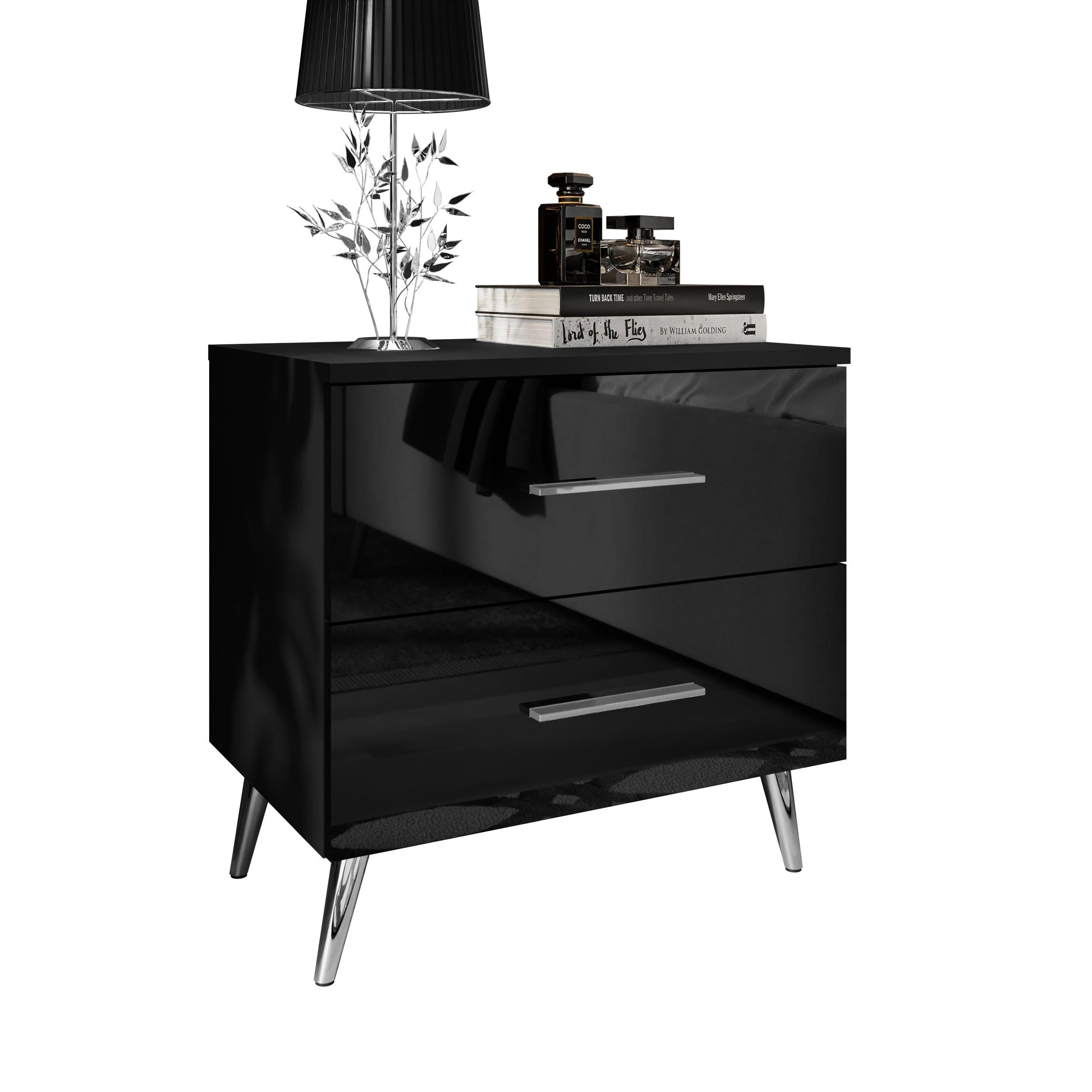 NACHTTISCH AURA mit Griffen, Chrombeinen - Silberfarben/Schwarz, Holzwerkstoff (55/55/37cm) - Lookway