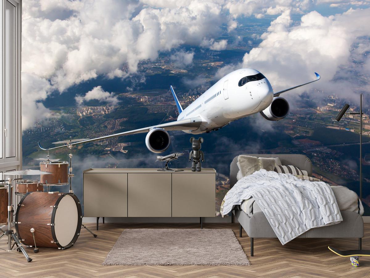FOTOTAPETE für Jugendzimmer Flugzeug Start Wolken Himmel 300x210 - Blau/Beige, Papier (300/210cm) - Muralo
