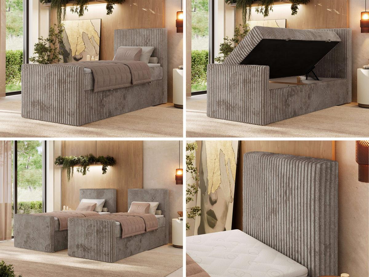 BOXBETT TILIANO DUO 90/200 - Hellbraun Cord - H3 - Topper Visco - Rechts Seite - Hellbraun, Textil (90/200cm) - MKS
