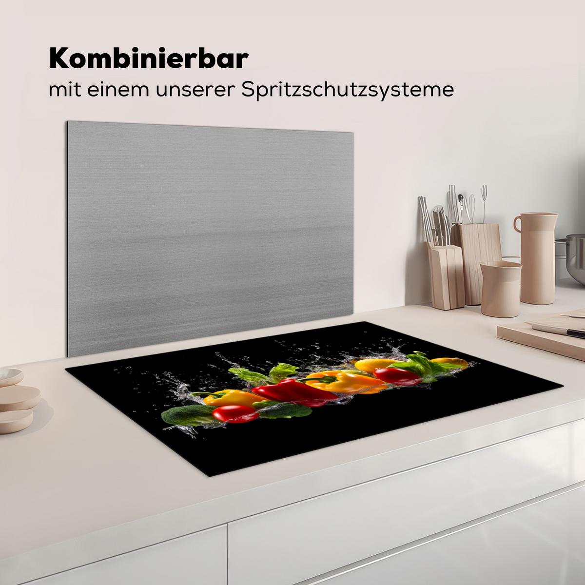 HERDABDECKPLATTE Paprika - Wasser - Gemüse - Schwarz Abdeckung Ceranfeld 81.2x52 cm - Multicolor, Kunststoff (81.2/52/0.2cm) - MuchoWow