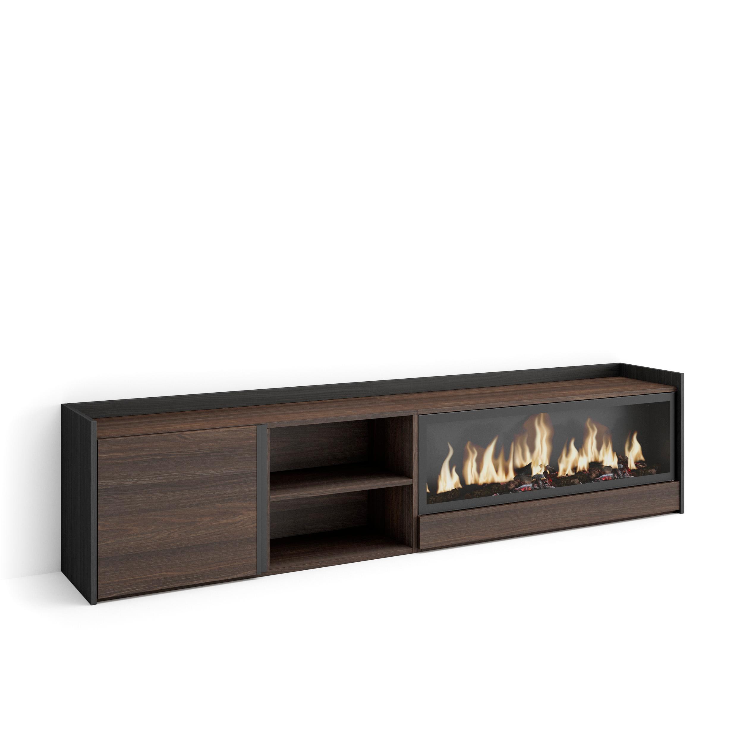 LOWBOARD, Dunkler Eiche und Schwarz, 212/35/50cm, Kamin mit Feuereffekt XXL - Dunkelbraun, Holzwerkstoff (212/50/35cm) - Skraut Home