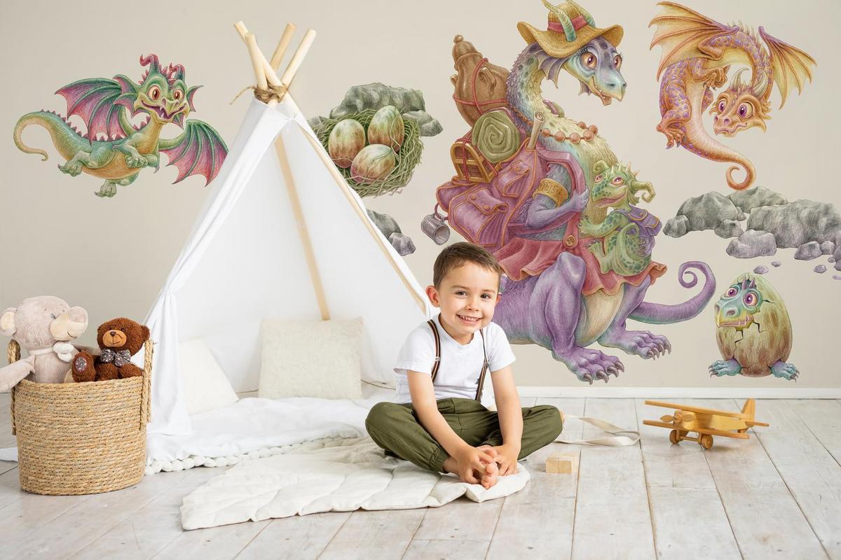 WANDAUFKLEBER 100x122cm - Drachenfamilie - Multicolor, Kunststoff (100/122/0.1cm) - Wallfluent
