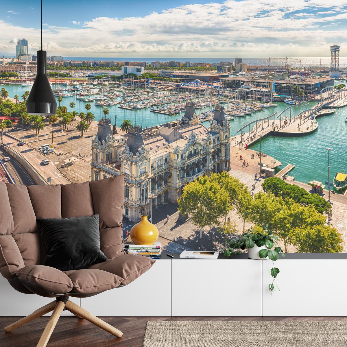 FOTOTAPETE für Wohnzimmer Barcelona Hafen Boote Denkmäler 100x70 - Türkis/Beige, Papier (100/70cm) - Muralo