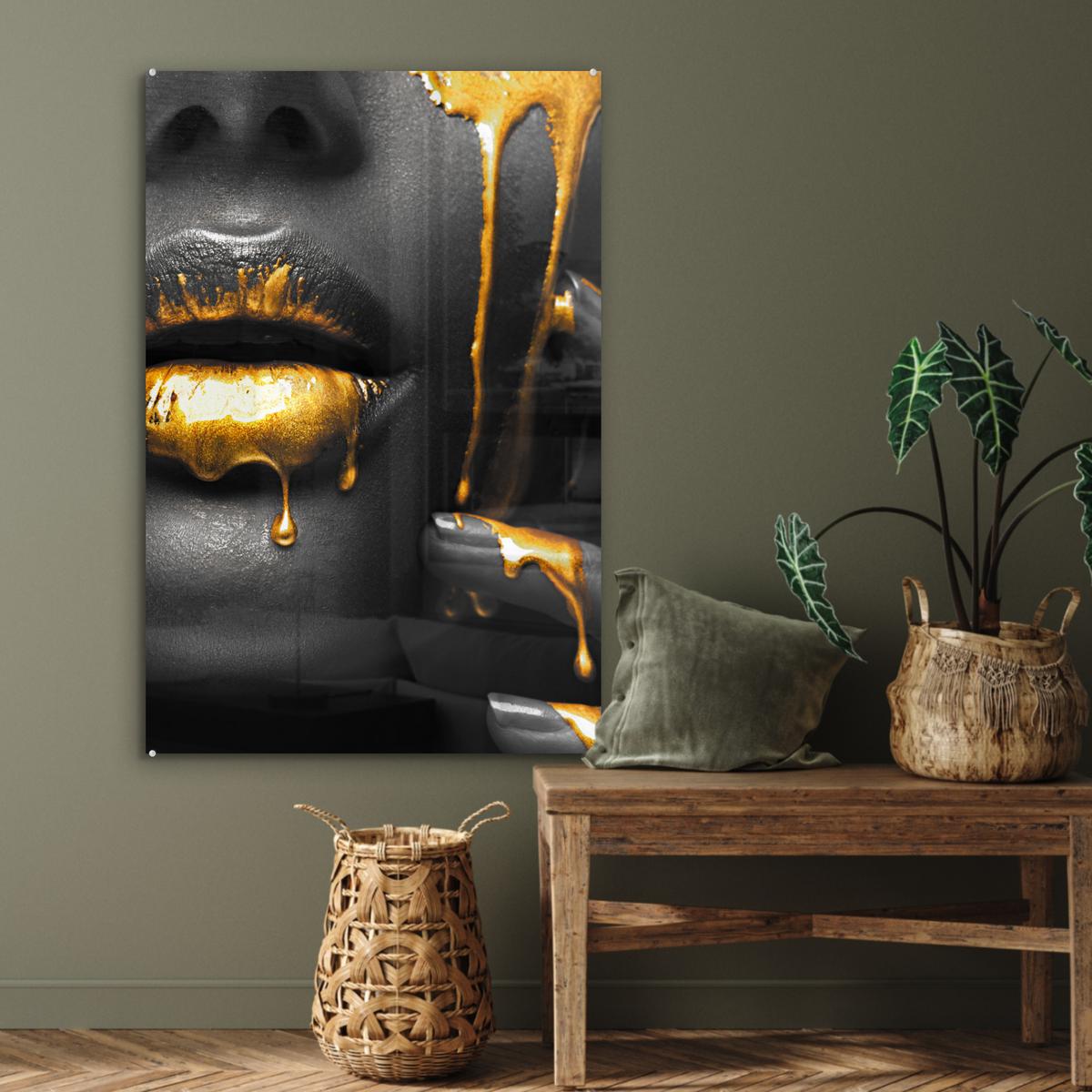 ACRYLGLASBILD Frau - Schwarz - Gold - Gesicht - Lippen 80x120 cm - Goldfarben, Glas (80/120cm) - MuchoWow