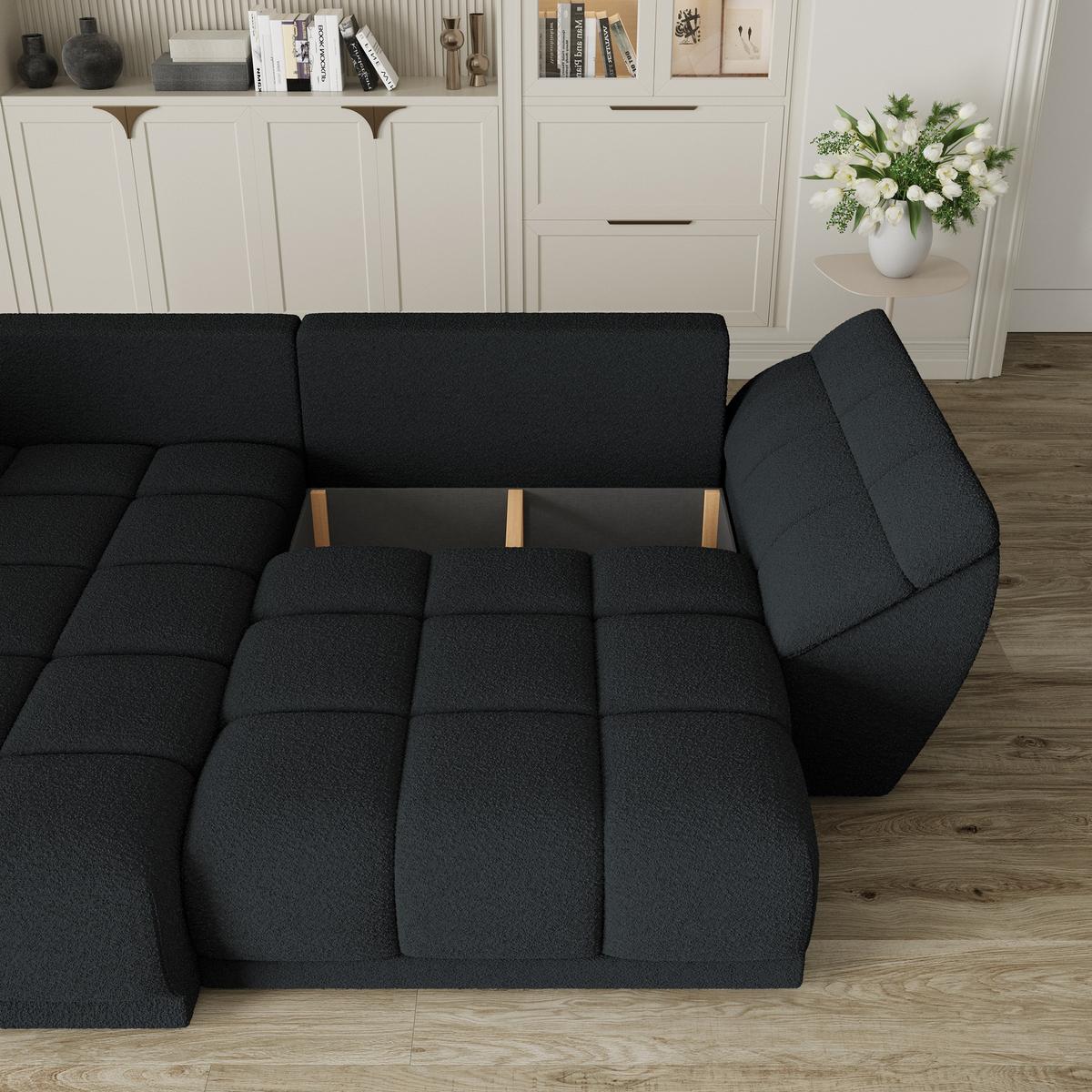 ECKSOFA ORENTI L-S Schwarz Boucle-Stoff mit Schlaffunktion - Schwarz, Holz (287/182cm) - MASSENO