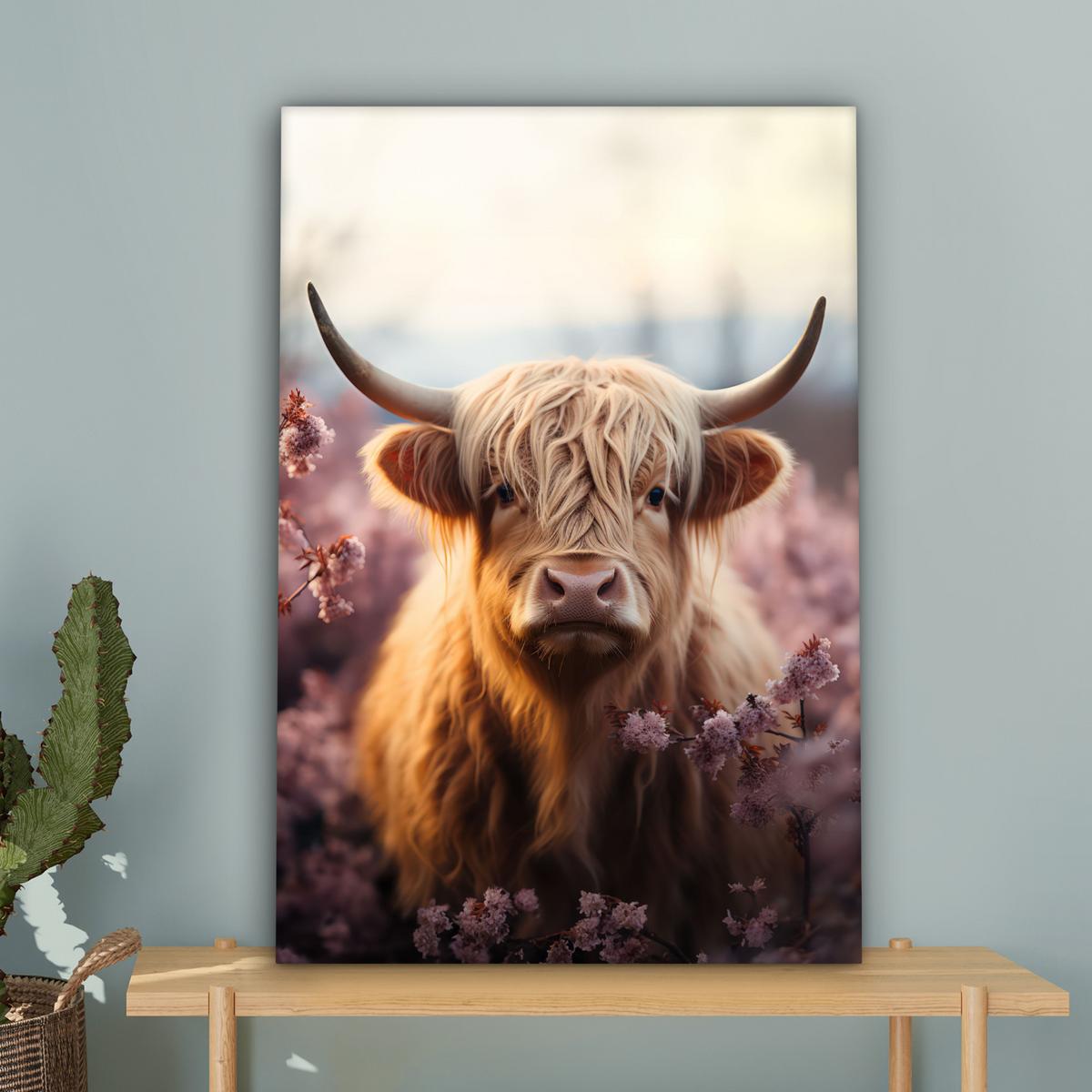 LEINWANDBILD Schottischer Hochländer - Frühling - Hochland Wanddeko 40x60 cm - Hellrosa, Textil (40/60cm) - MuchoWow