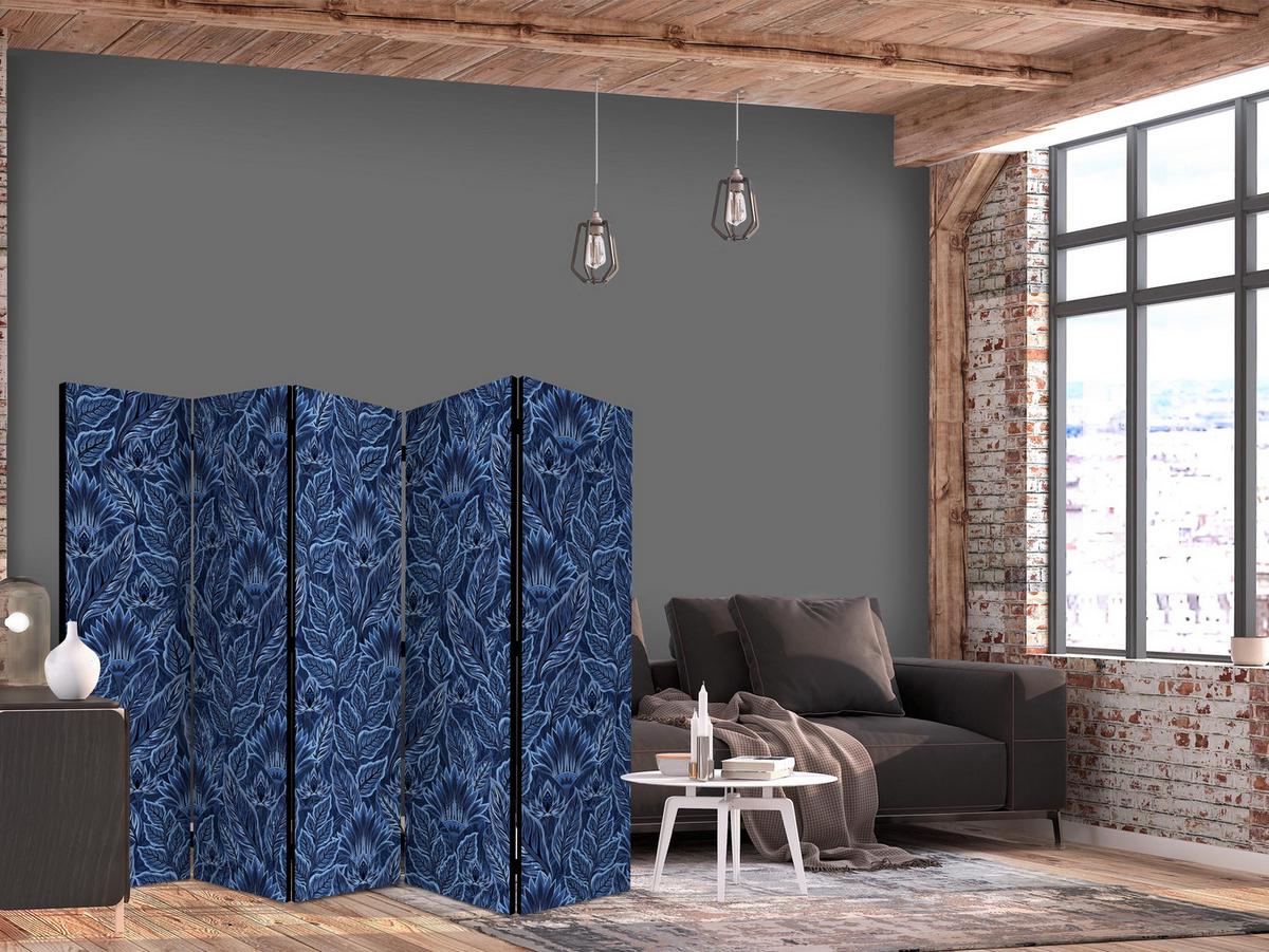 PARAVENT 5-tlg 225x172 cm Blaue Blätter - Blau, Holz/Textil (225/172/3cm) - Muralo