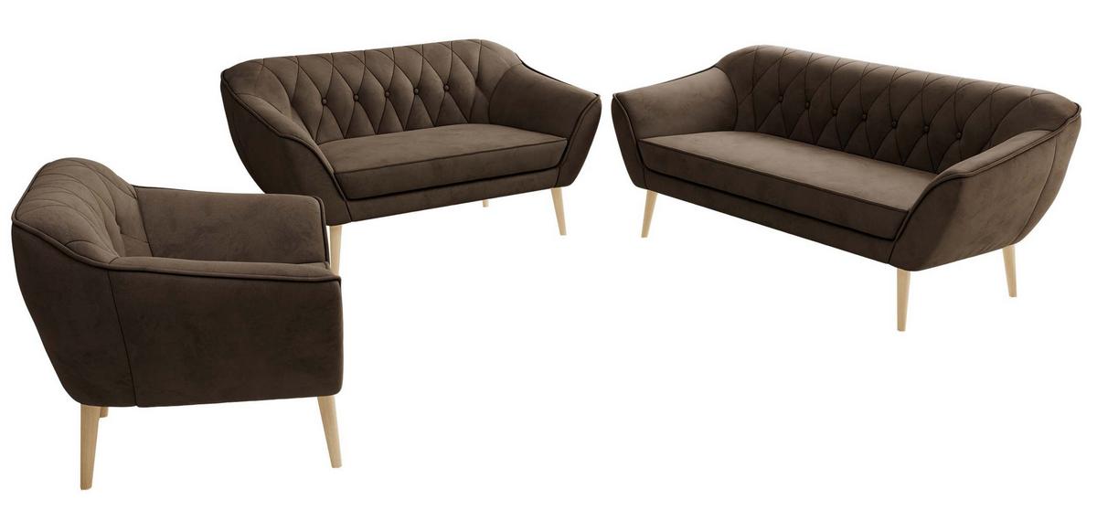 SITZGARNITUR PIRS 3+2+1 - Braun Velvet - Holzbeine - Dunkelbraun/Buchefarben, Holzwerkstoff/Textil (180/75/74cm) - MKS