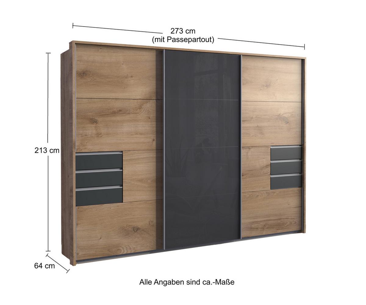 SCHWEBETÜRENSCHRANK 3-türig B273/H213/T64 cm, Eiche Dekor/Glas Grau, Passepartout-Kleiderschrank mit Schubladen in Grafit & Vollausstattung / 22617 - Eichefarben/Alufarben, Holzwerkstoff/Metall (273/213/64cm) - luma-home