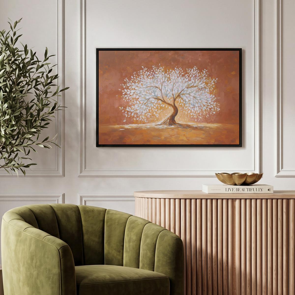 LEINWAND Bilder mit Rahmen - Abstrakt - Baum - Weiß - Blätter - 60x40 - Braun, Textil (60/40cm) - MuchoWow