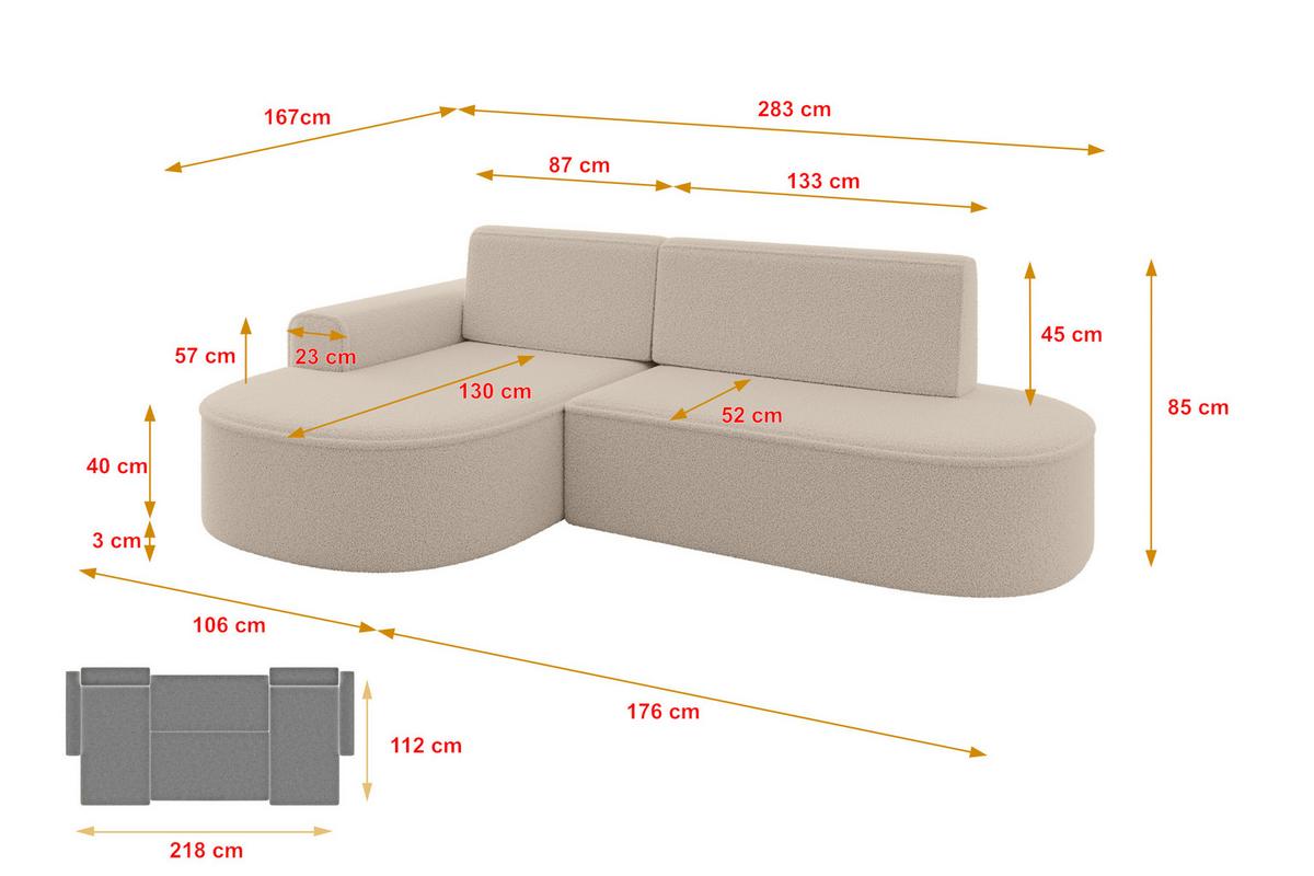ECKSOFA mit Schlaffunktion und Bettkasten Ottomane Rechts MARI-L1-S - 283x167x85 cm Beige Bouclé - Beige/Schwarz, Holzwerkstoff/Kunststoff (167/283cm) - ALTDECOR