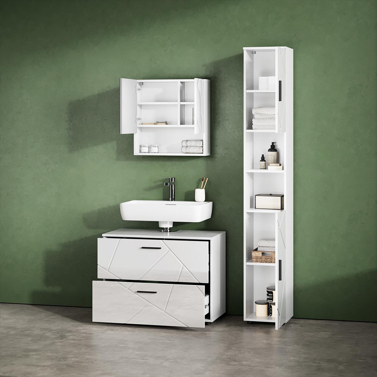 BADMÖBEL-SET Ronco Weiß Hochglanz 2 Teile - Weiß Hochglanz, Holzwerkstoff (80/58/41cm) - Livinity®