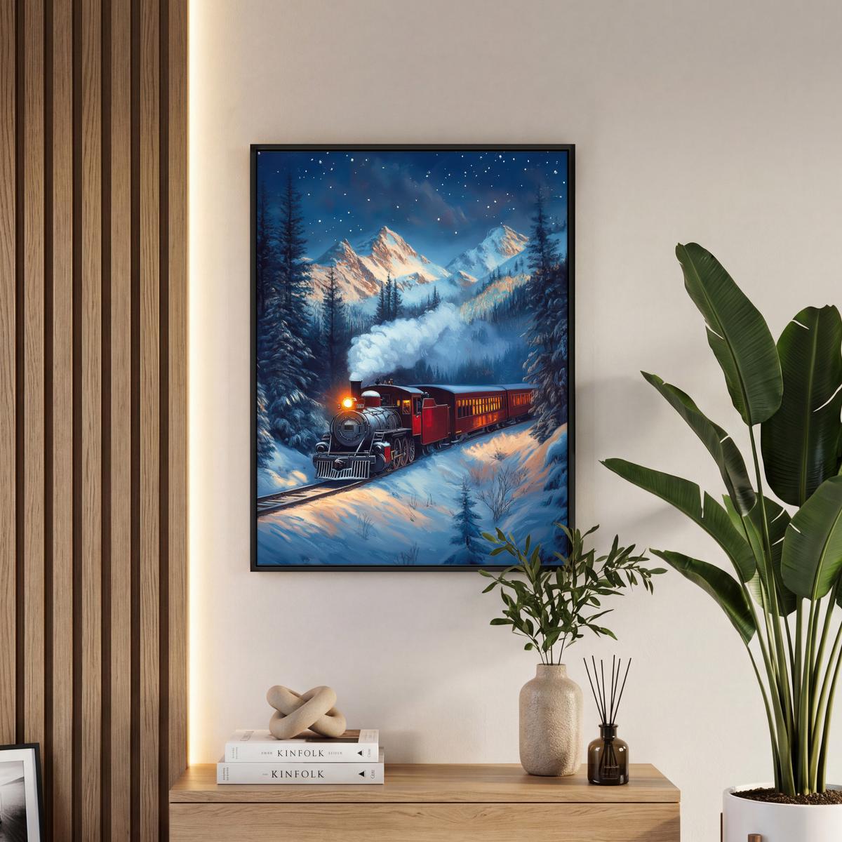 LEINWAND Bilder mit Rahmen - Zug - Weihnachten - Schnee - Weihnachtszug - 60x80 - Anthrazit, Textil (60/80cm) - MuchoWow