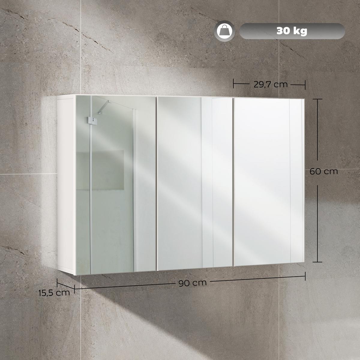 SPIEGELSCHRANK Bad mit 3 Spielgeltüren, Badezimmerschrank mit 5 Regale - Weiß, Holzwerkstoff (90/60/15.5cm) - HOMCOM