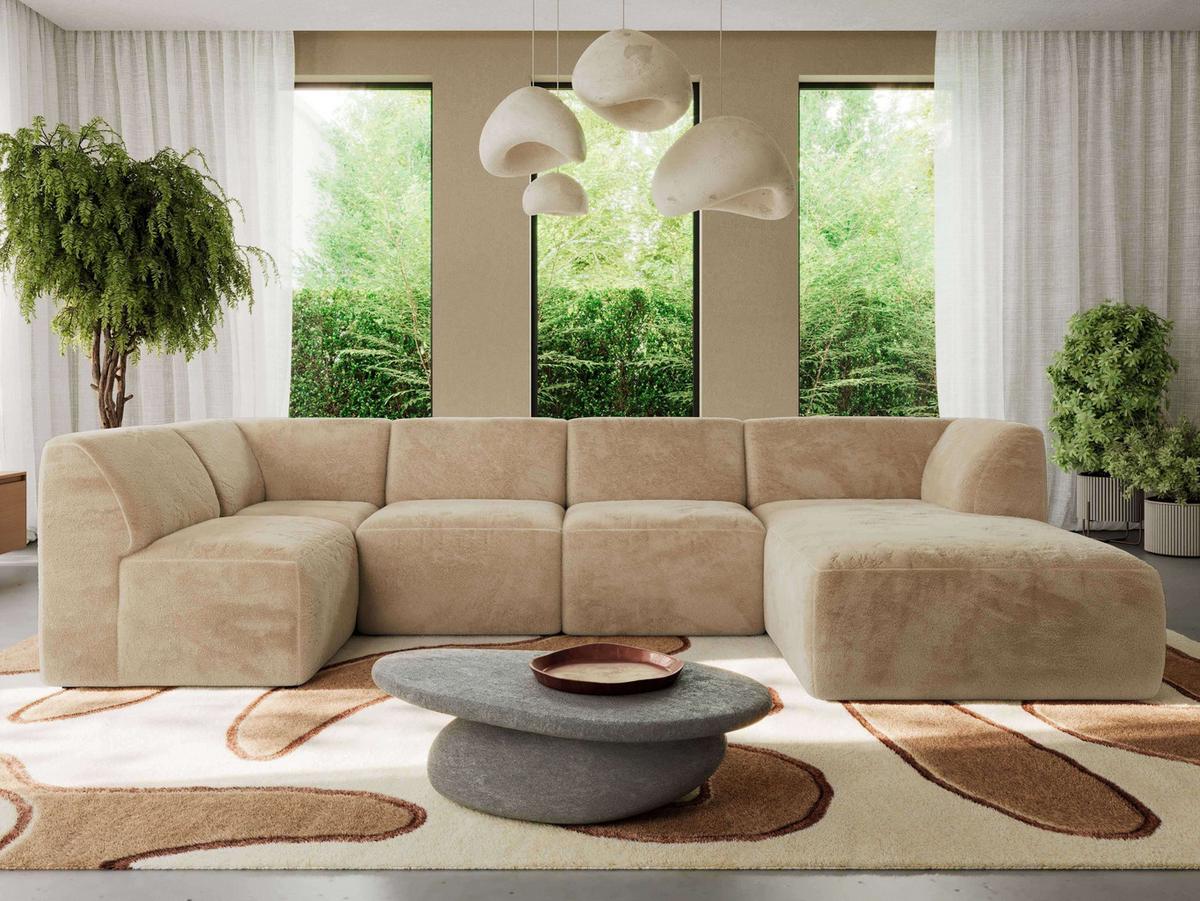 WOHNLANDSCHAFT MODARO U 6M - Beige Plüsch - Rechts - Beige/Schwarz, Textil (345/78/180cm) - MKS