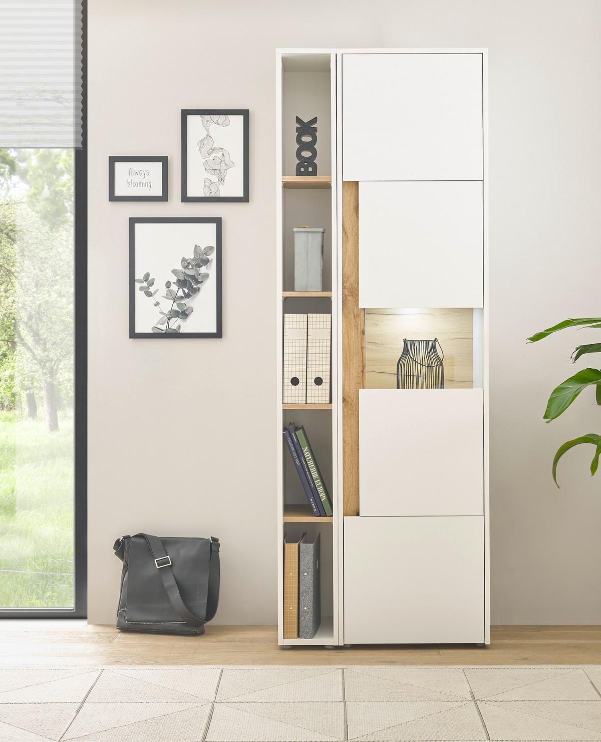 AKTENSCHRANK Set 2-teilig weiß, Eiche Wotan 70 x 200 cm, Regal-Vitrine-Kombination mit 5 Ordnerhöhen - Eichefarben/Eiche Wotan, Glas/Holzwerkstoff (70/200/40cm) - Furn.Design