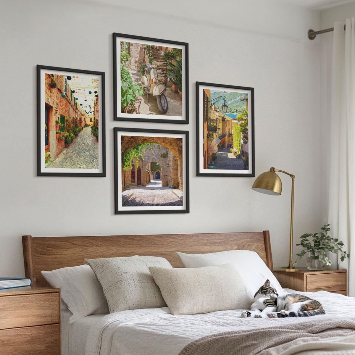 BILDER SET 4er Set - 50x50 cm & 40x60 cm Schwarzer Rahmen - Charmante Straßen und Pizza - Schwarz, Kunststoff (50/50cm) - TULUP
