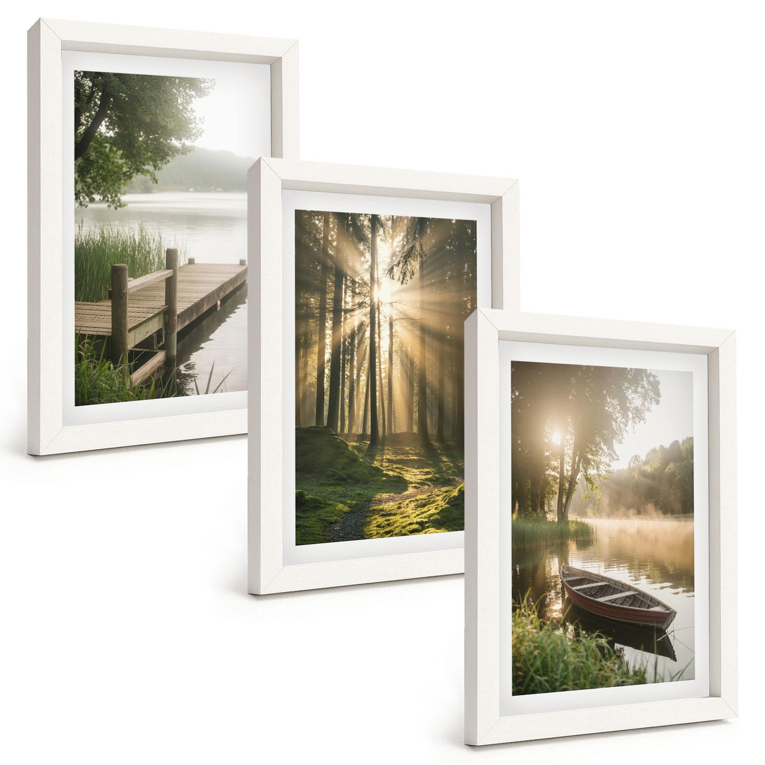 BILDER SET 3er Set - 20x30 cm Weißer Rahmen - See, Wald, Boot, Morgennebel - Weiß, Kunststoff (20/30cm) - TULUP