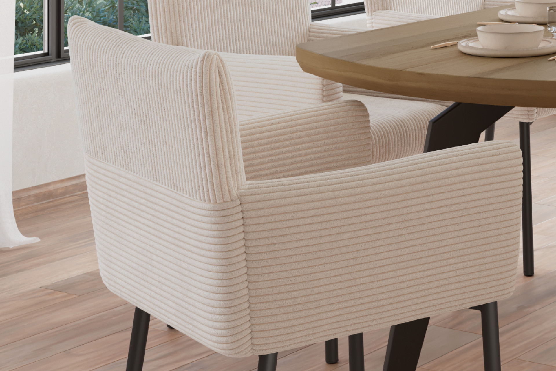 Armlehnstuhl beige Cordbezug gepolstert Innenleben Schaumstoff 